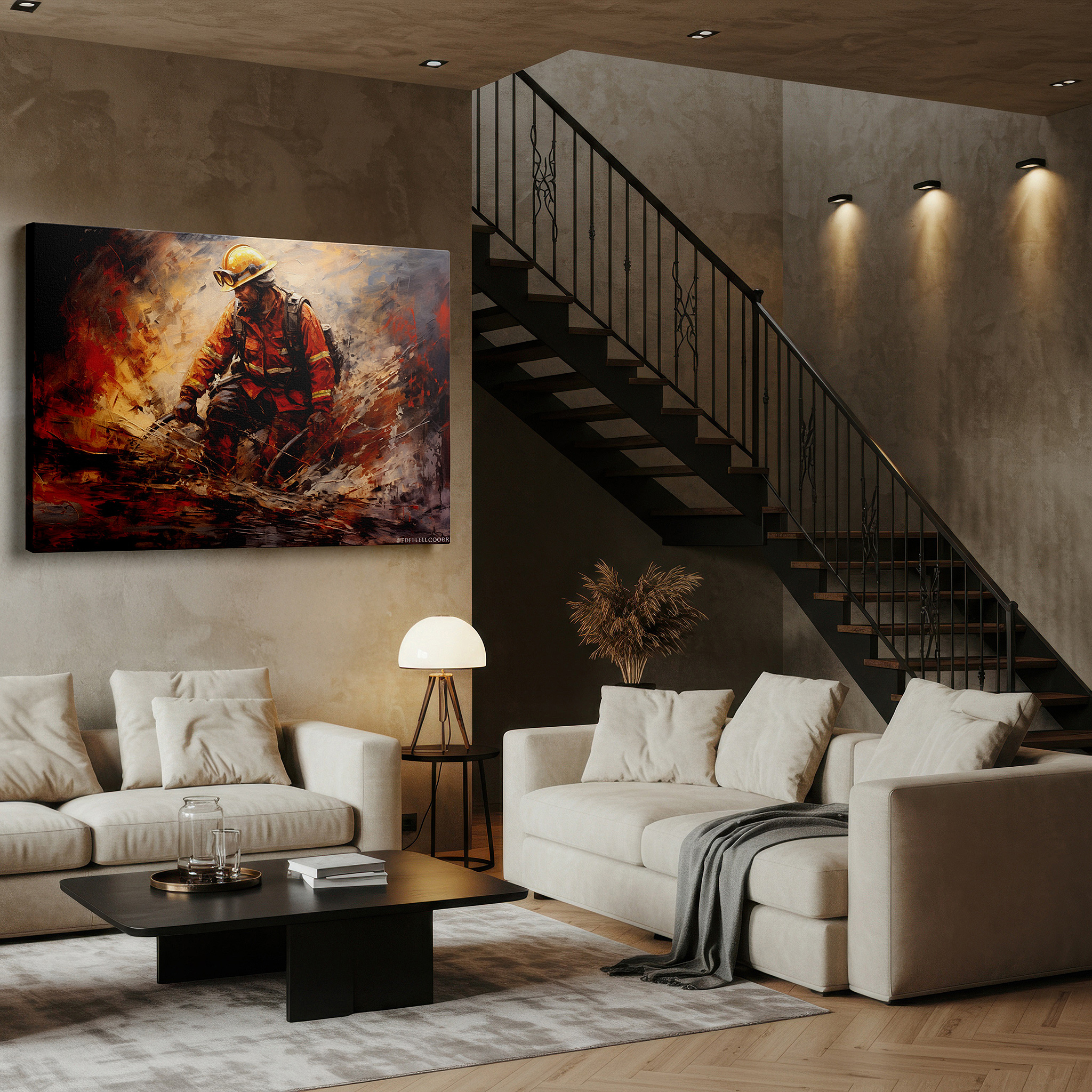 Hung in a cozy reading nook beside a floor lamp and bookshelf — heroic firefighter in action amidst flames and smoke large wall art, canvas wall art, wall decor, office wall art