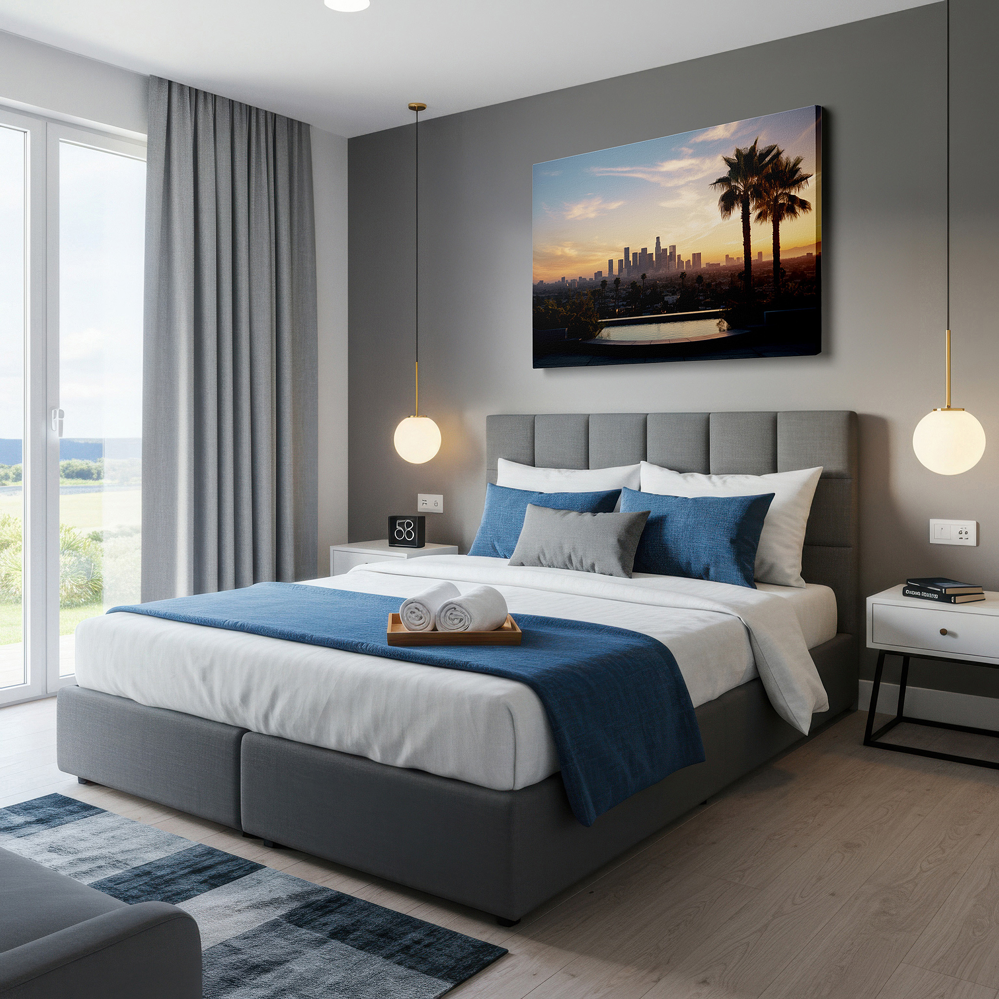 Hung in a cozy reading nook beside a floor lamp and bookshelf — los angeles skyline at sunset wall art - urban elegance meets natural serenity, large canvas decor for office and bedroom