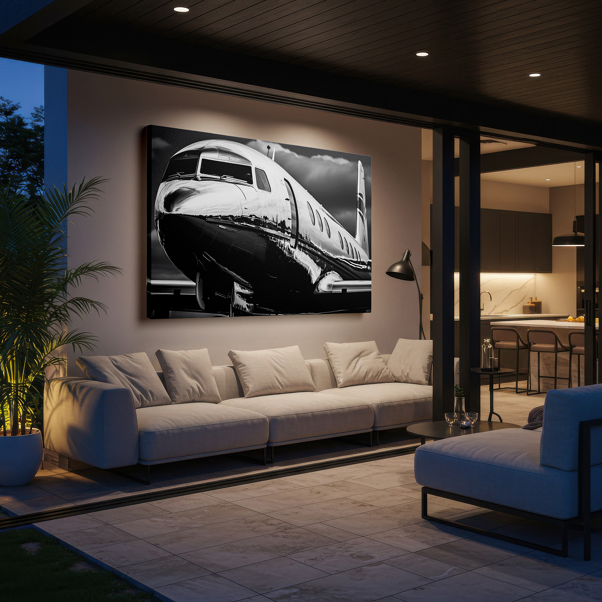 Hung in a cozy reading nook beside a floor lamp and bookshelf — luxurious silver jet soaring through swirling clouds - high-end travel themed large wall art, canvas decor for office