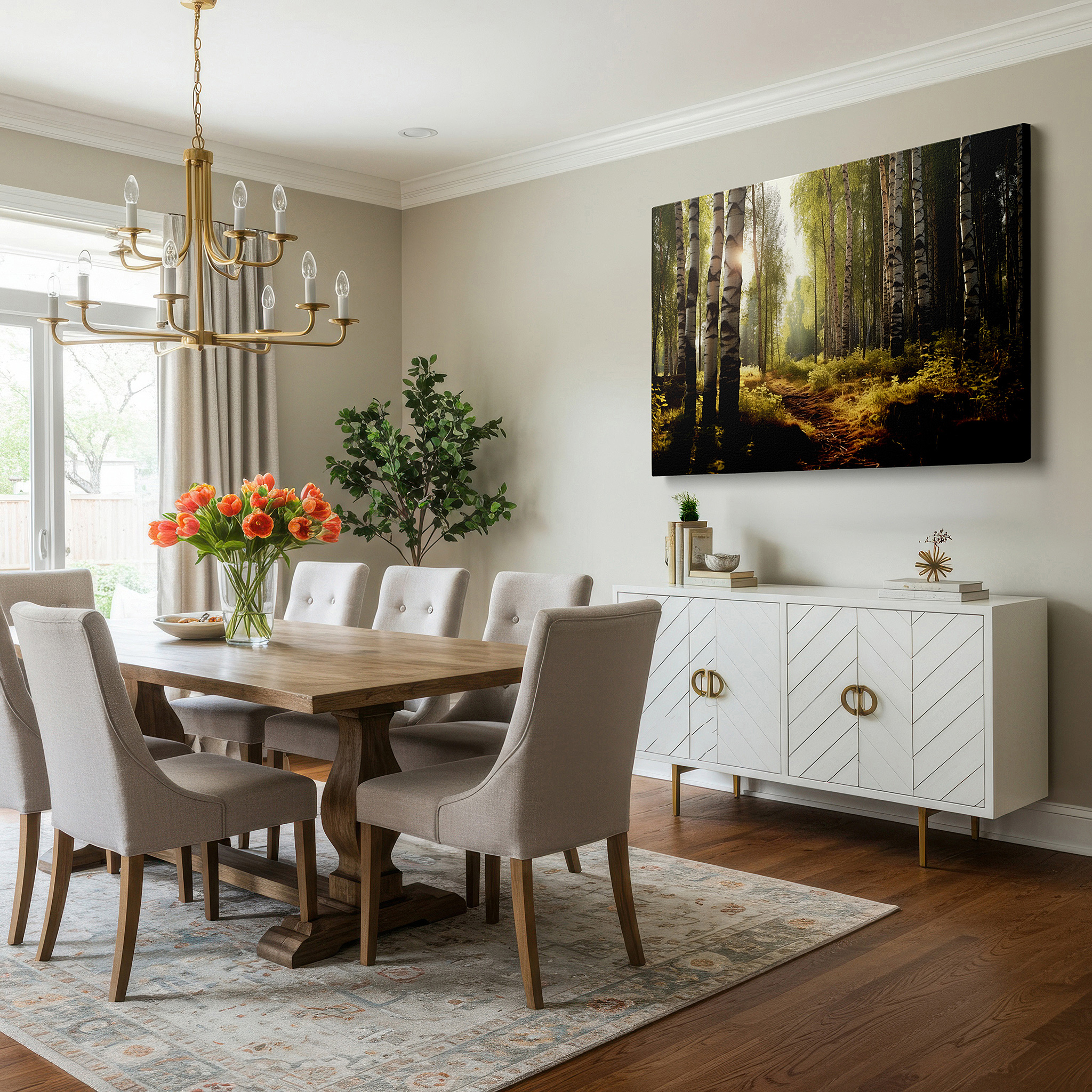 Hung in a cozy reading nook beside a floor lamp and bookshelf — majestic birches and dancing light in a lush forest sanctuary: large canvas wall art for office, living room, and bedroom decor