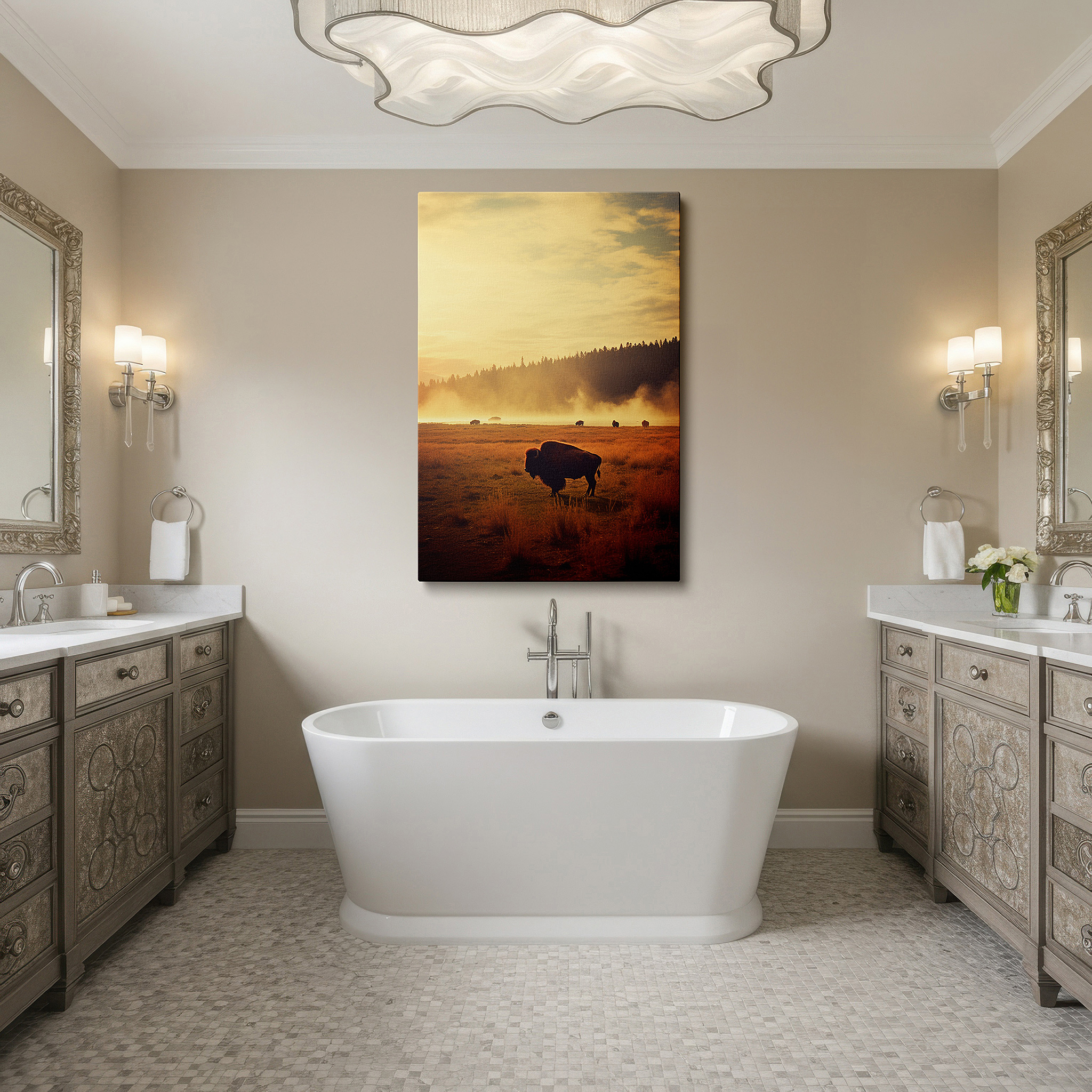 Hung in a cozy reading nook beside a floor lamp and bookshelf — majestic buffalo at sunrise in misty prairie: symbol of strength and serenity - large canvas wall art for home and office decor