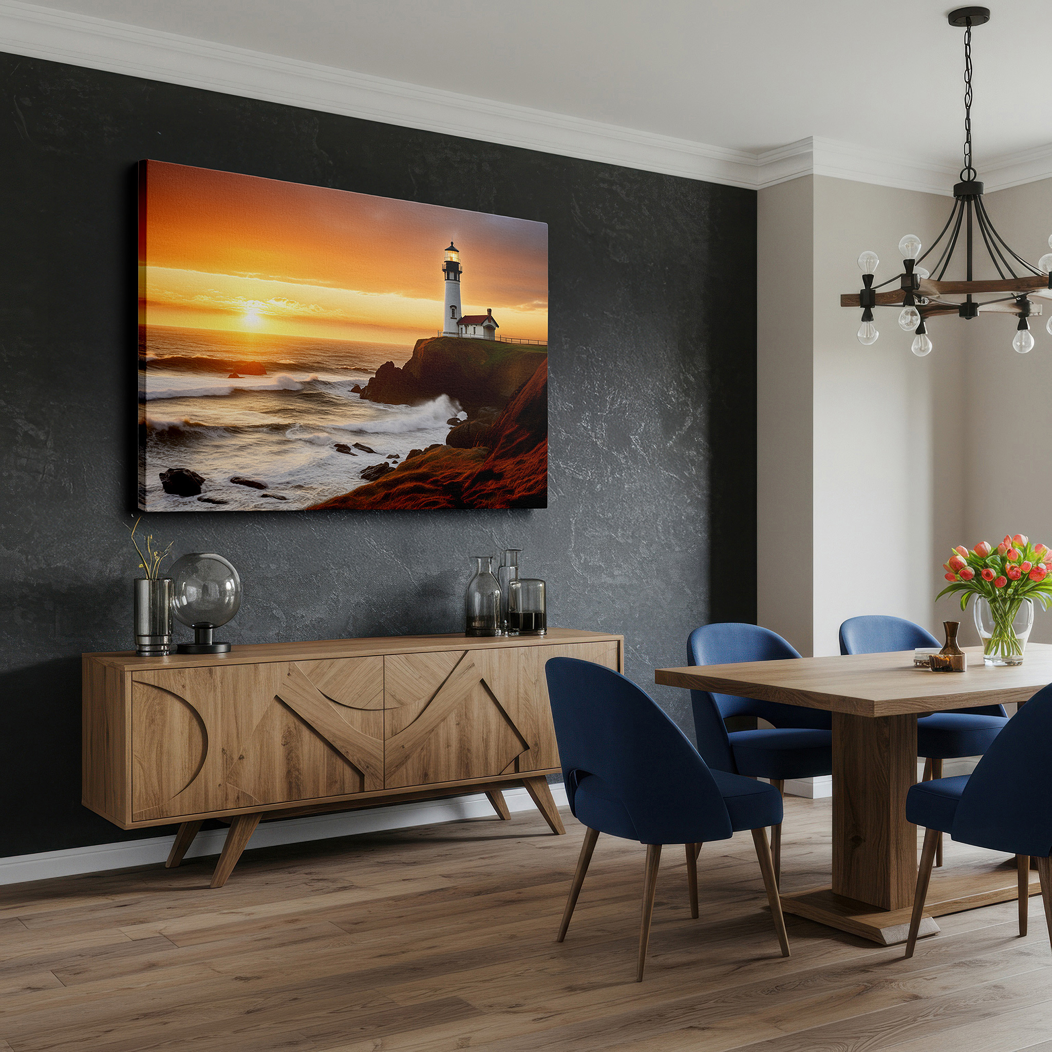 Hung in a cozy reading nook beside a floor lamp and bookshelf — majestic lighthouse: a beacon of hope amidst nature's fury - stormy seas large wall art, canvas wall art, wall decor for office and bedroom