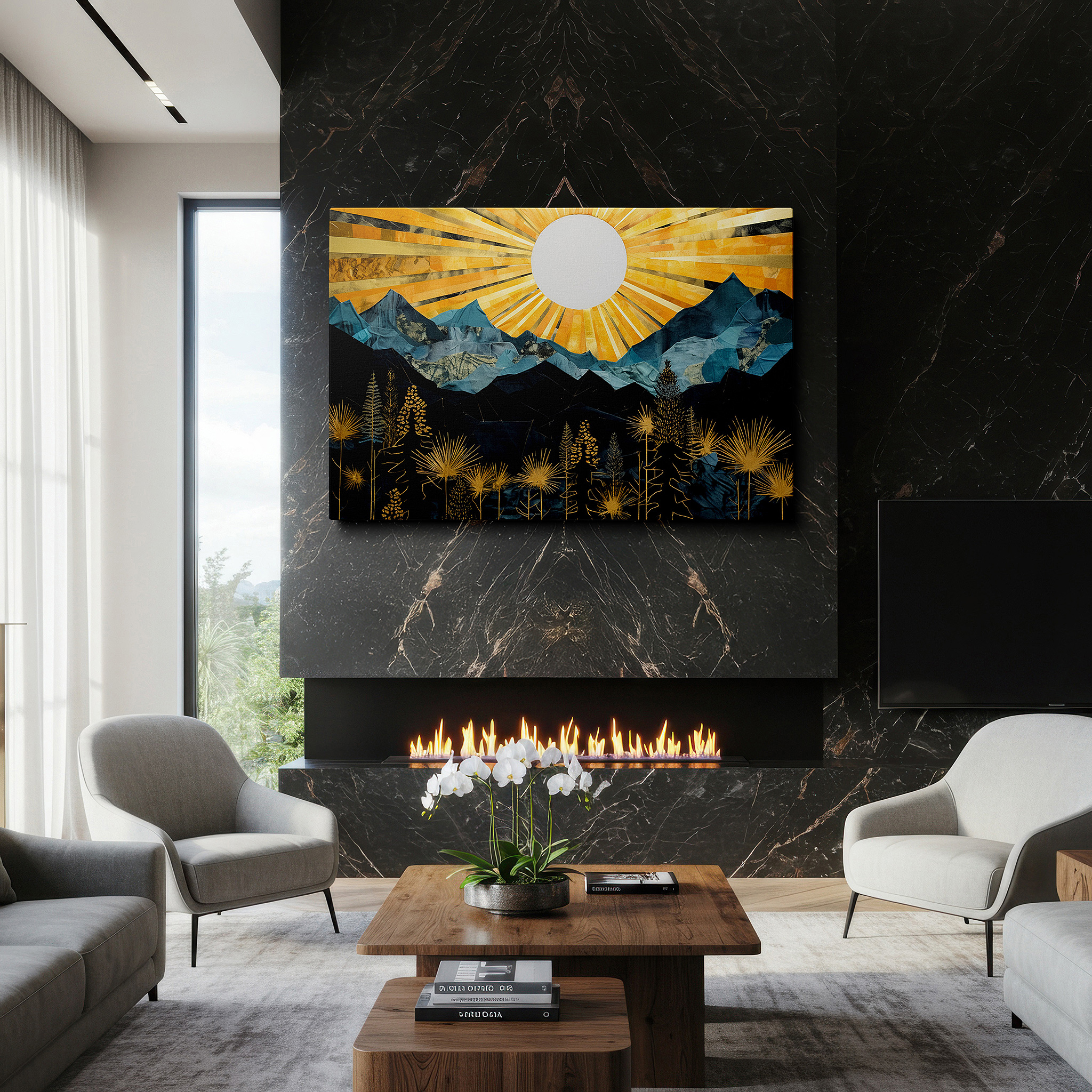 Hung in a cozy reading nook beside a floor lamp and bookshelf — majestic mountains in deep blues and golden rays: large canvas wall art depicting nature's grandeur for office and bedroom decor