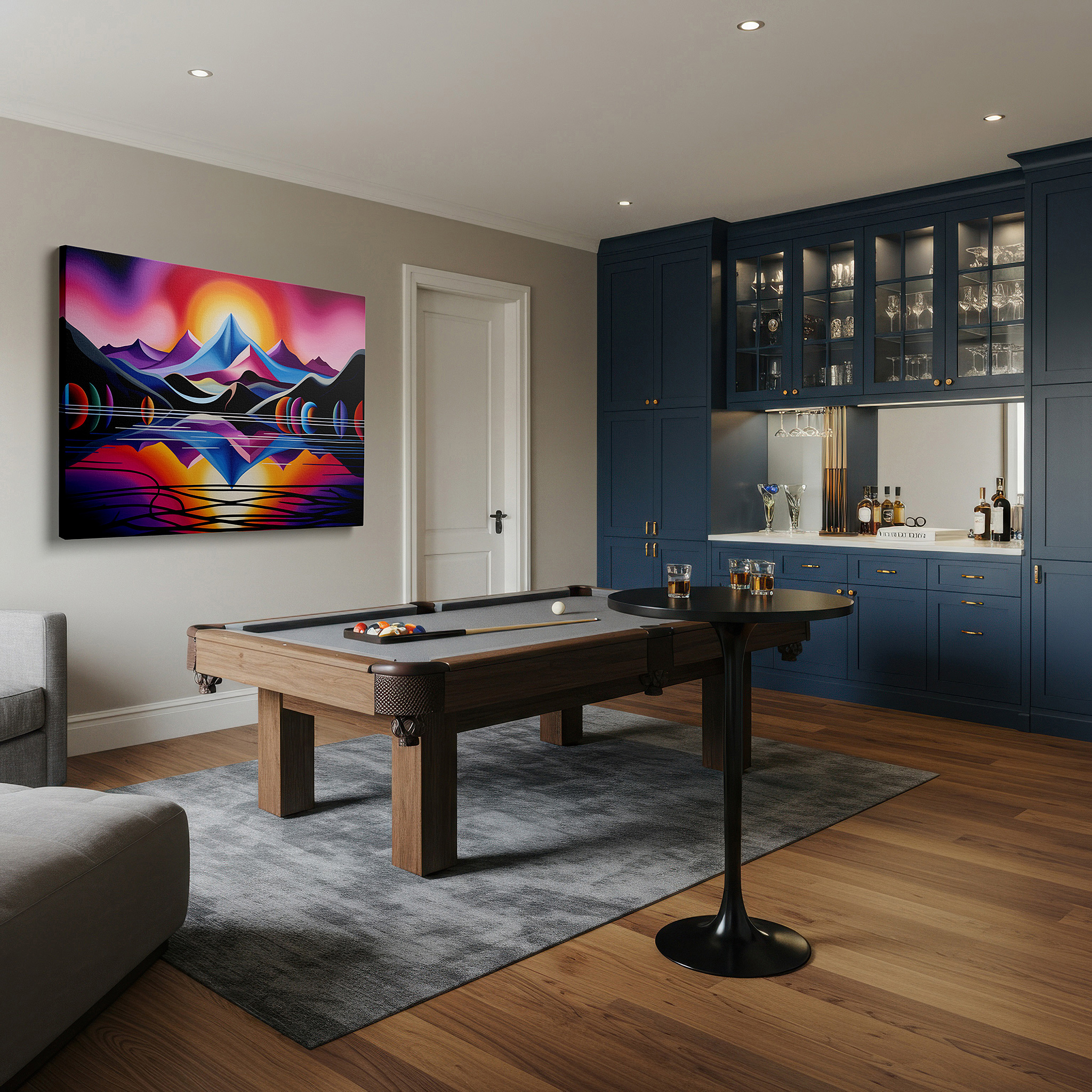 Hung in a cozy reading nook beside a floor lamp and bookshelf — majestic mountains and glowing sunrise reflection on serene waters large wall art, canvas wall art, wall decor for office and bedroom