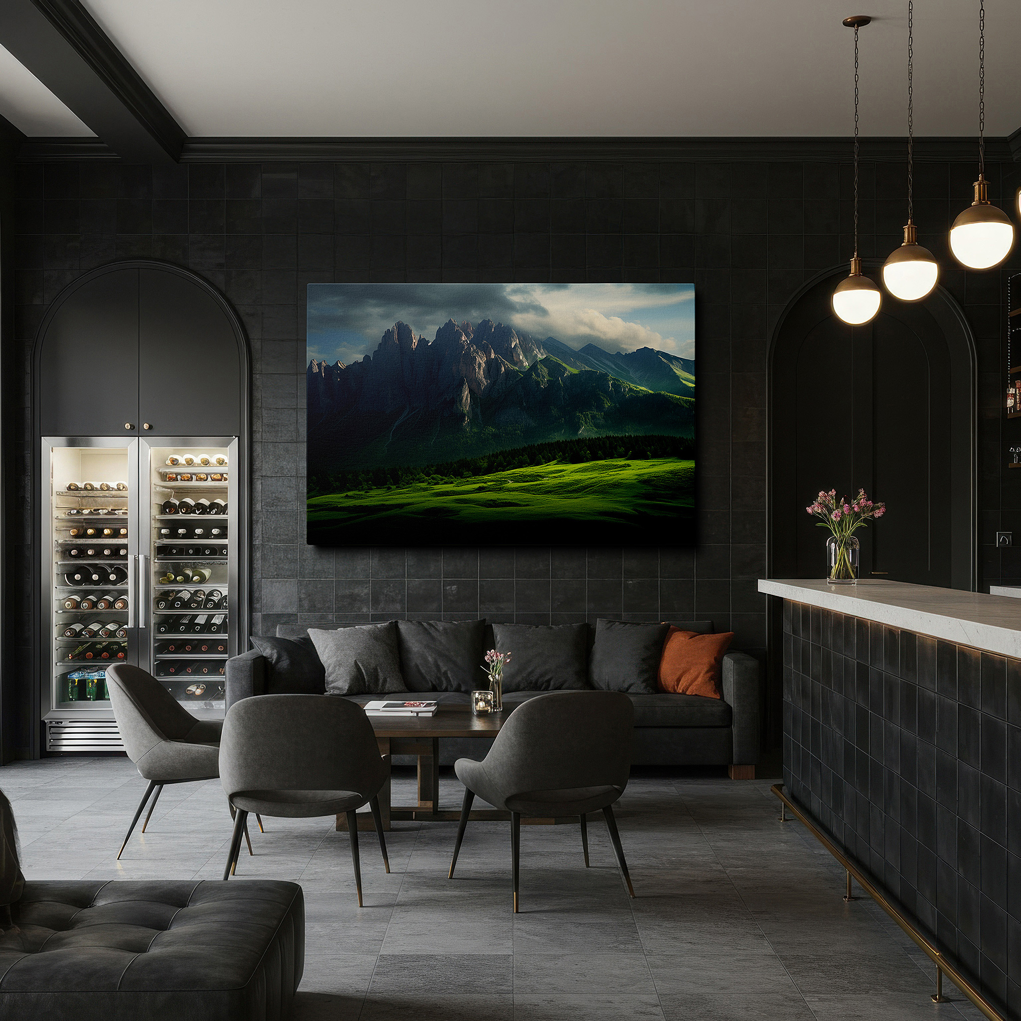 Hung in a cozy reading nook beside a floor lamp and bookshelf — majestic mountains and peaceful hills beneath a dramatic sky: large canvas wall art for office, bedroom, and living room decor