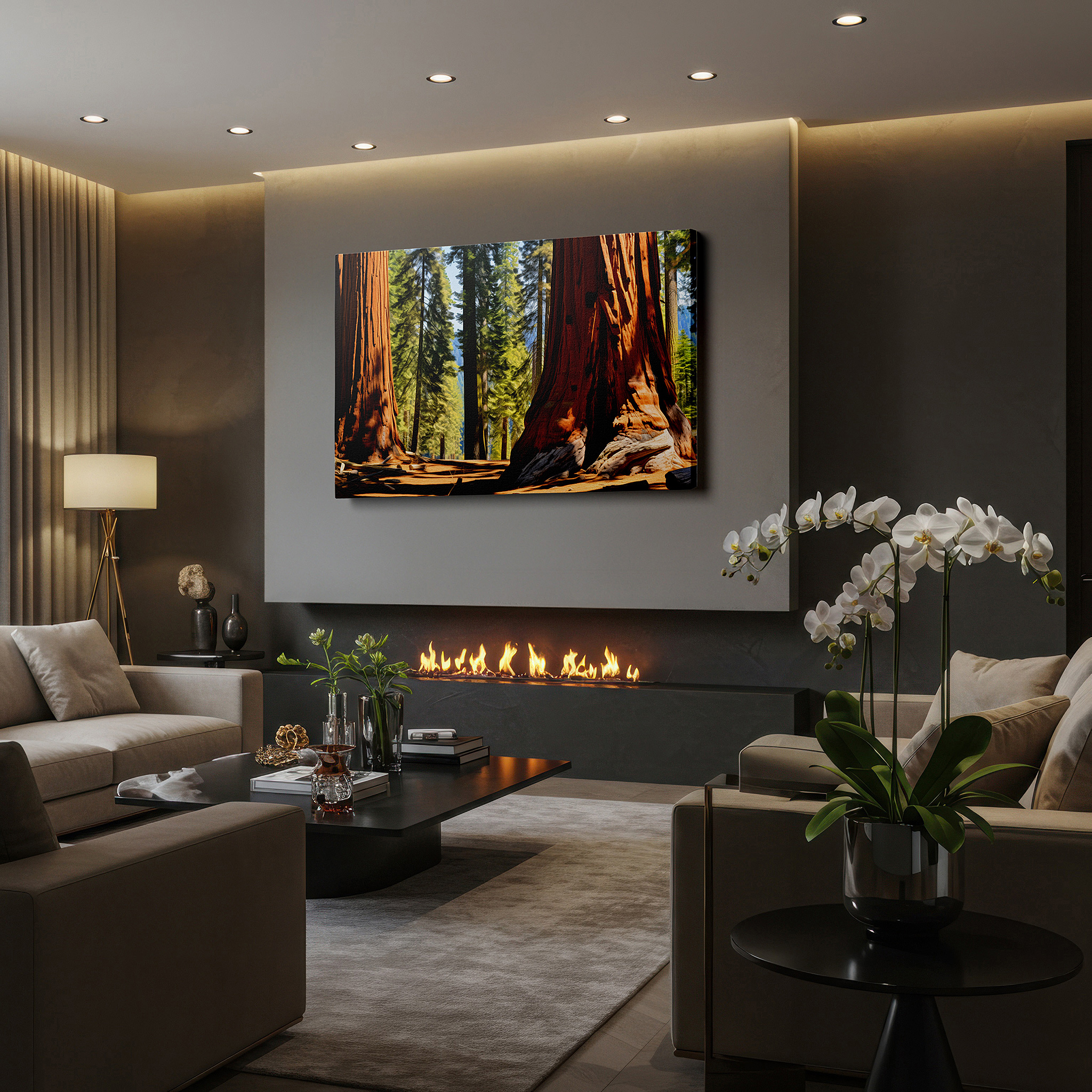Hung in a cozy reading nook beside a floor lamp and bookshelf — majestic sequoias and serene lighting - peaceful forest haven large wall art, canvas wall art, wall decor for office and bedroom