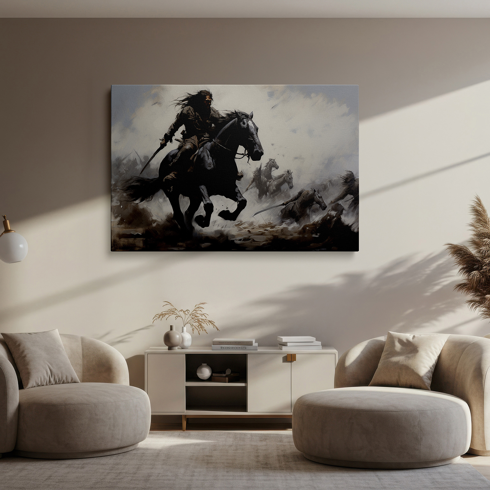 Hung in a cozy reading nook beside a floor lamp and bookshelf — majestic warrior on black horse storms across battlefield center - large canvas wall art for office and bedroom decor
