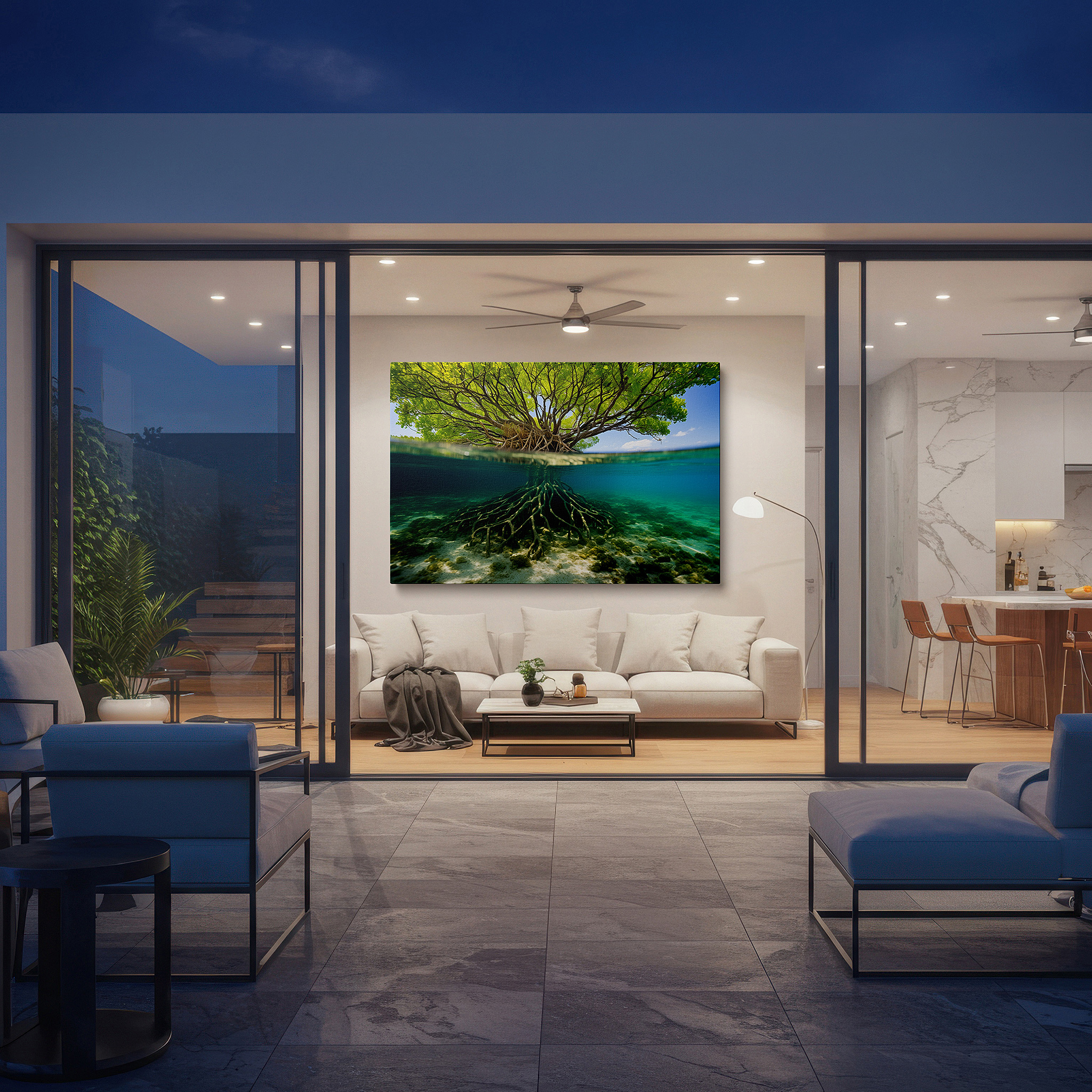 Hung in a cozy reading nook beside a floor lamp and bookshelf — mangrove majesty: a vibrant underwater mosaic of life and resilience - large wall art, canvas wall art, wall decor for office and bedroom