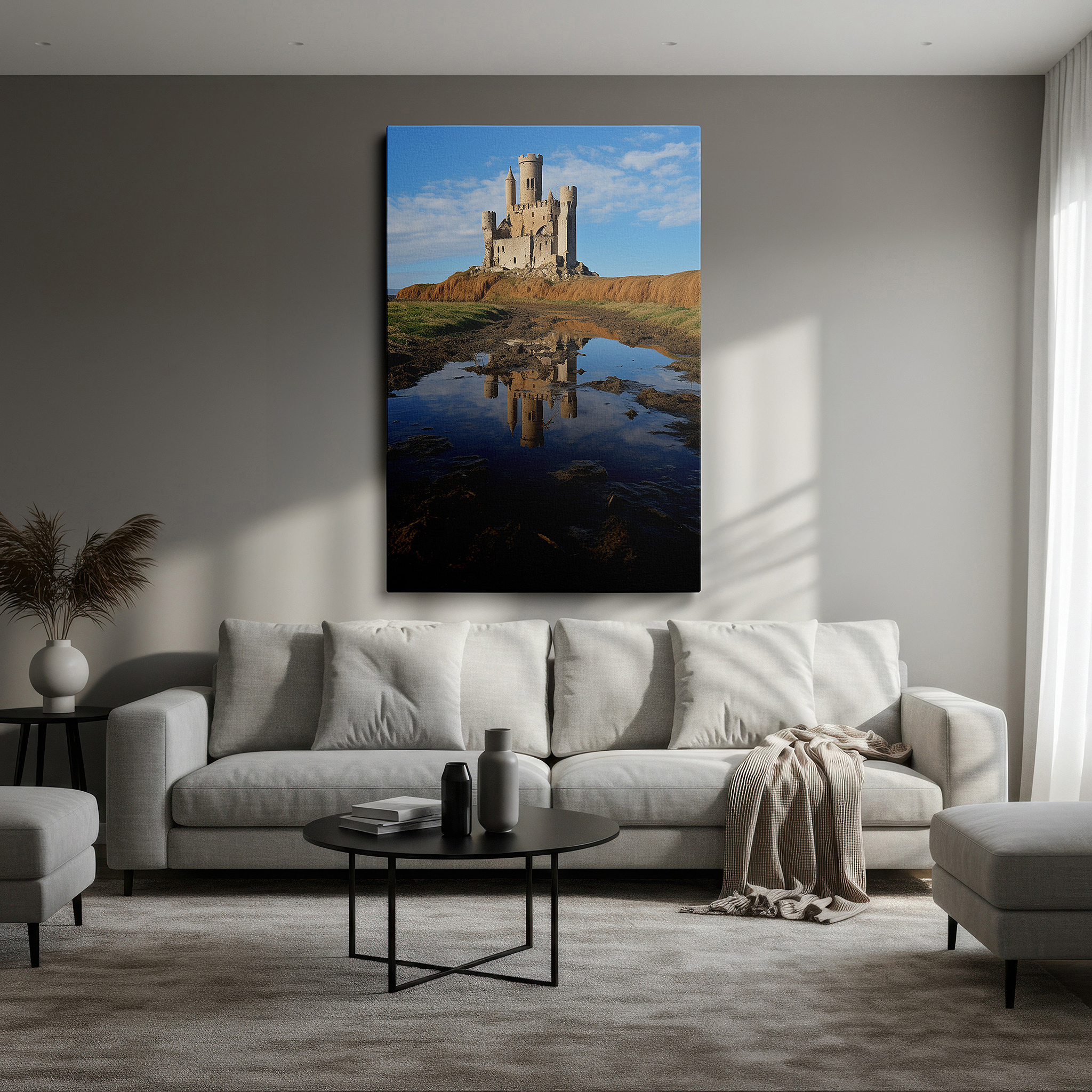 Hung in a cozy reading nook beside a floor lamp and bookshelf — medieval castle ruins embraced by time large canvas wall art for office, bedroom, and living room decor