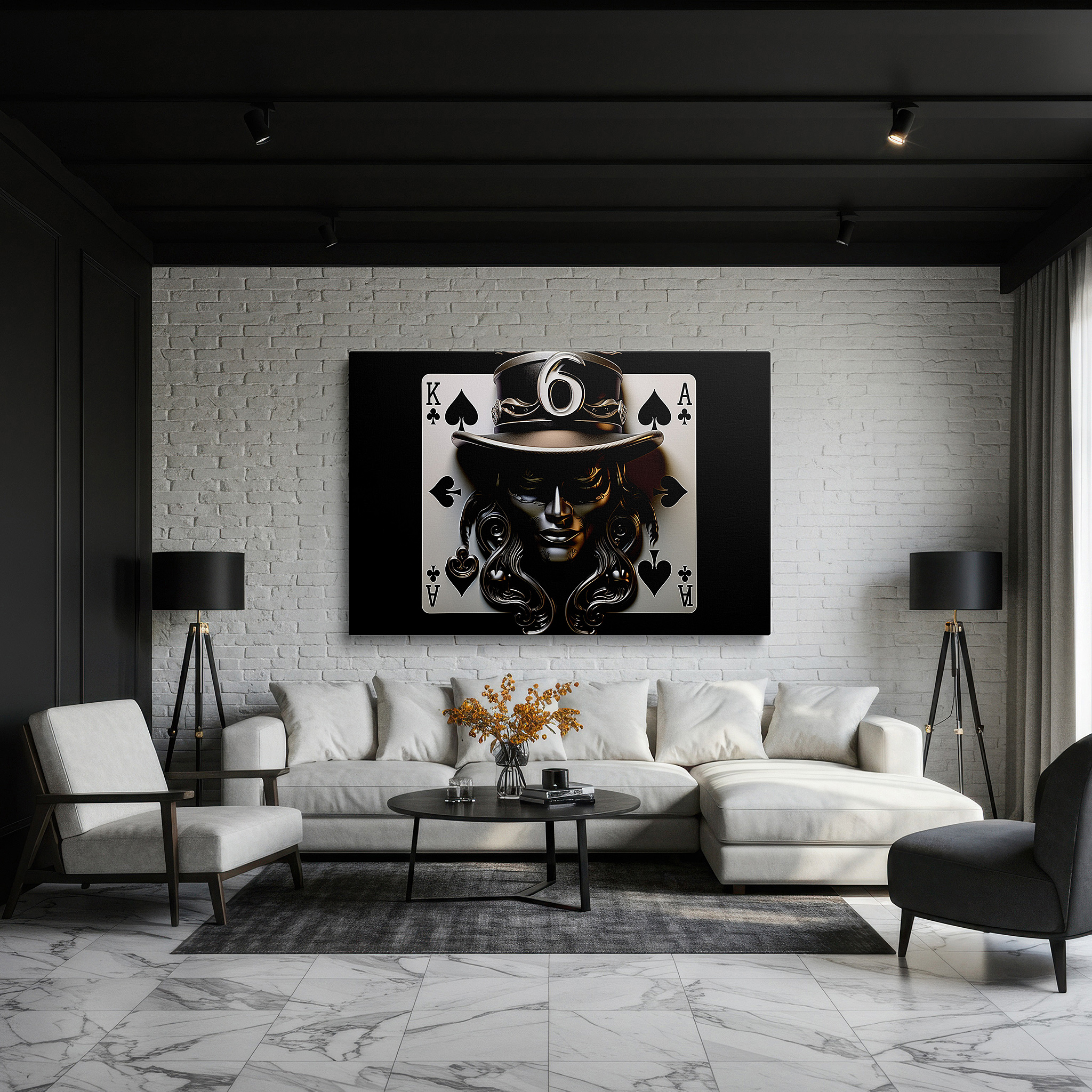 Hung in a cozy reading nook beside a floor lamp and bookshelf — merging fantasy with high fashion in a game of hidden identities: large wall art, canvas wall art, wall decor for offices and bedrooms
