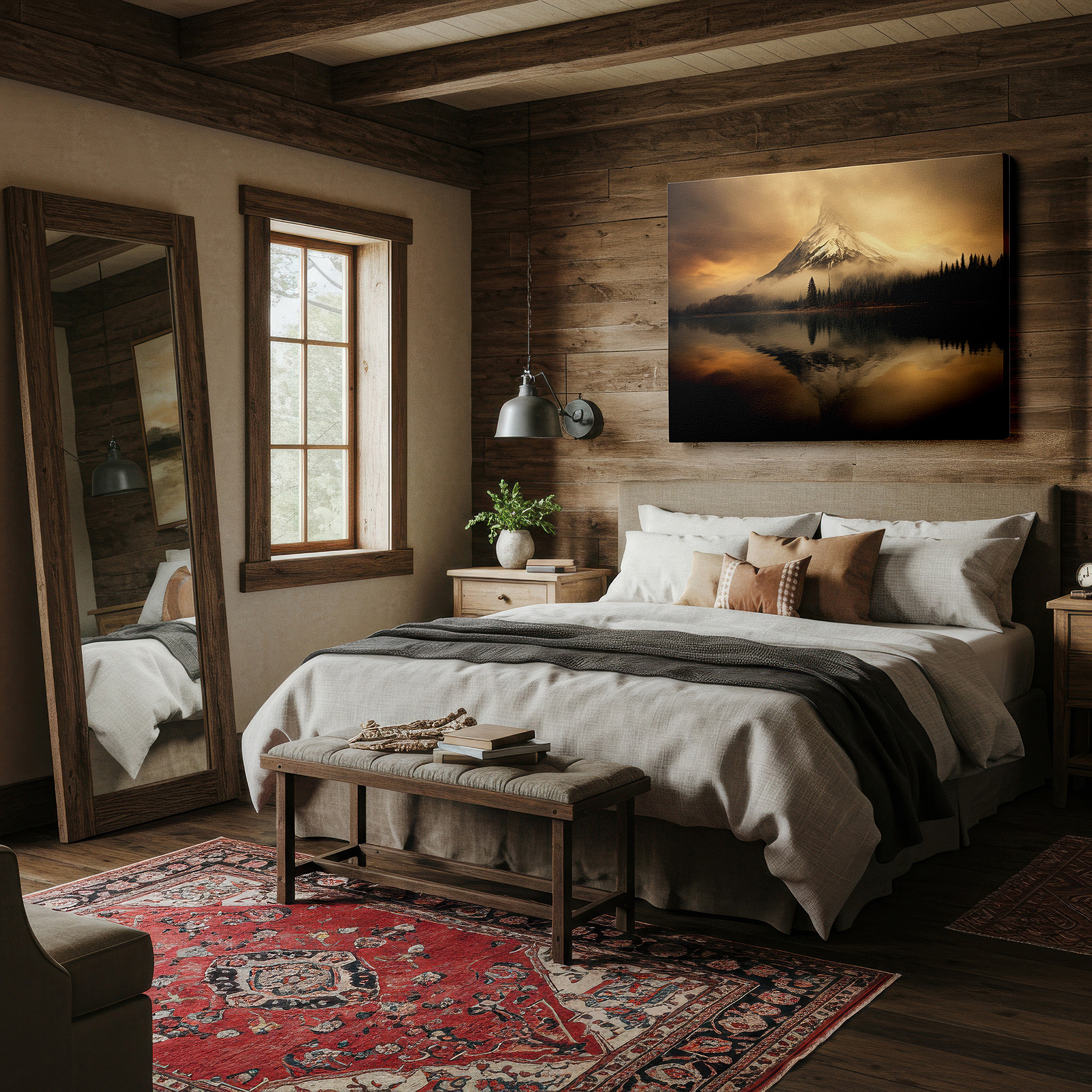 Hung in a cozy reading nook beside a floor lamp and bookshelf — misty dawn light on majestic mountain peak reflects timeless tranquility - large canvas wall art for home and office decor