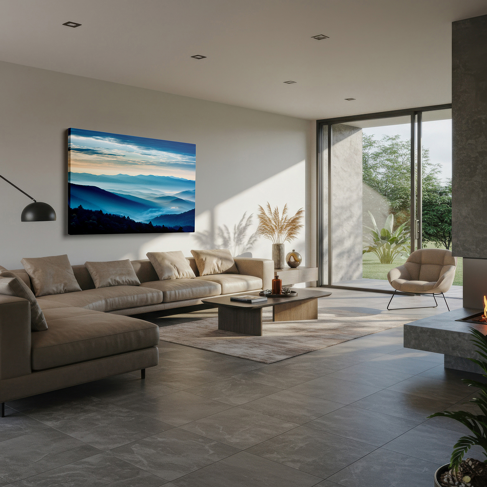 Hung in a cozy reading nook beside a floor lamp and bookshelf — misty mountain blues at ethereal dawn: tranquil nature escape large canvas wall art for office and bedroom decor