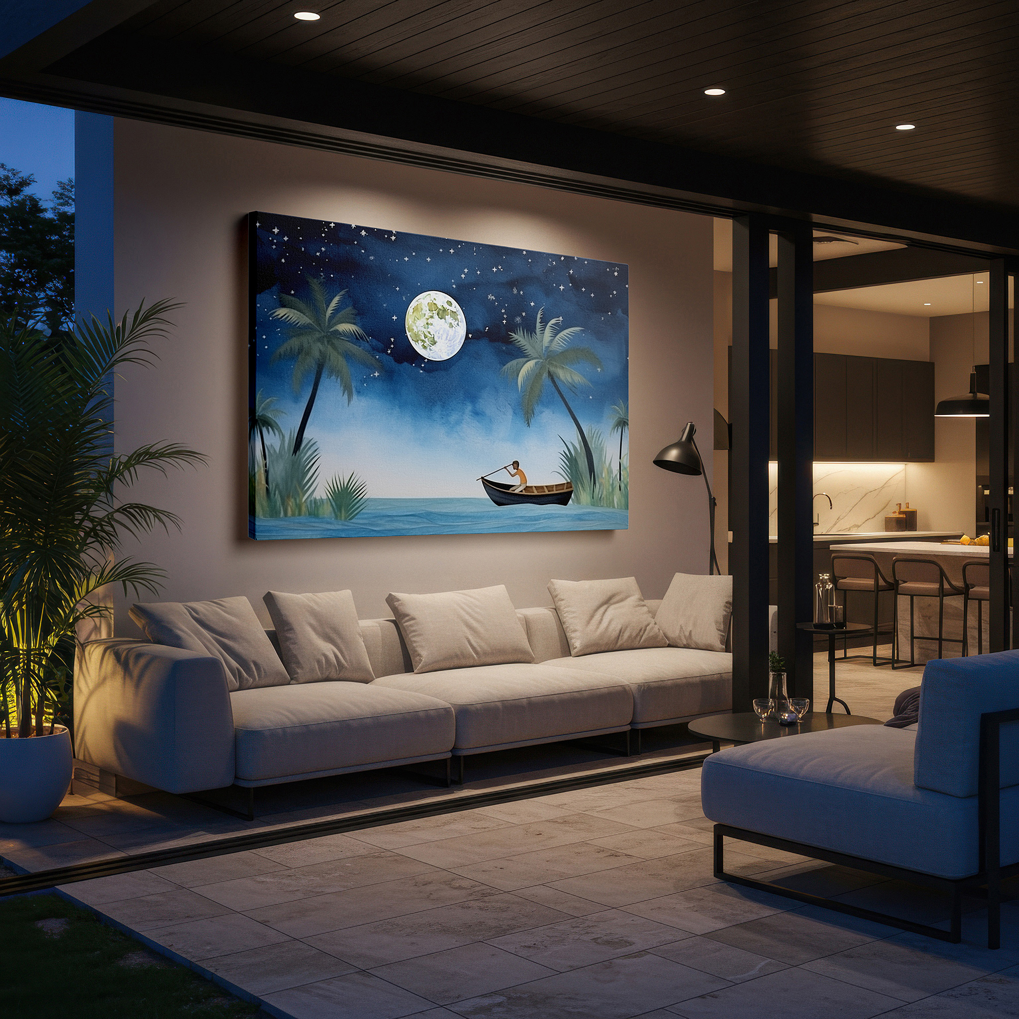 Hung in a cozy reading nook beside a floor lamp and bookshelf — moonlit serenity: solitary rower and silhouetted palms wall art - large canvas for office, bedroom, and living room decor