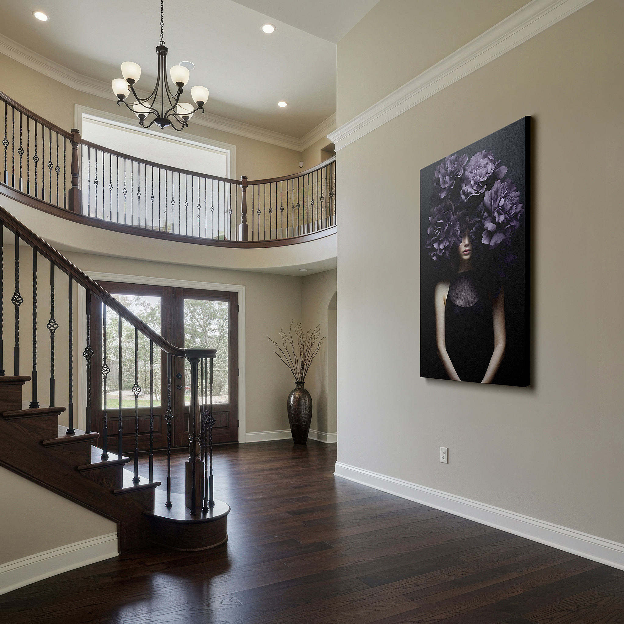 Hung in a cozy reading nook beside a floor lamp and bookshelf — mysterious charm of nature in chiaroscuro: large wall art for offices, bedrooms, and living rooms
