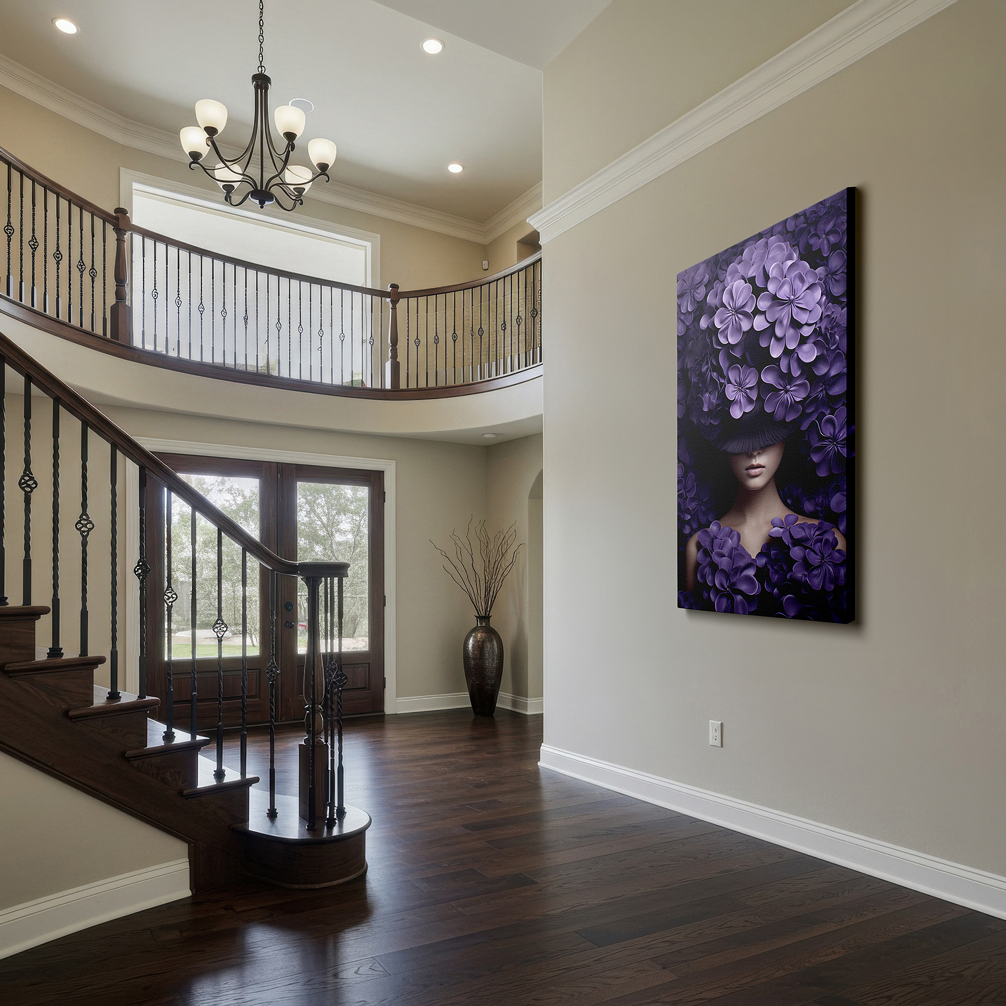 Hung in a cozy reading nook beside a floor lamp and bookshelf — mysterious portrait of a woman shrouded in rich purple flowers, exploring nature and identity, large wall art, canvas wall art, wall decor for office