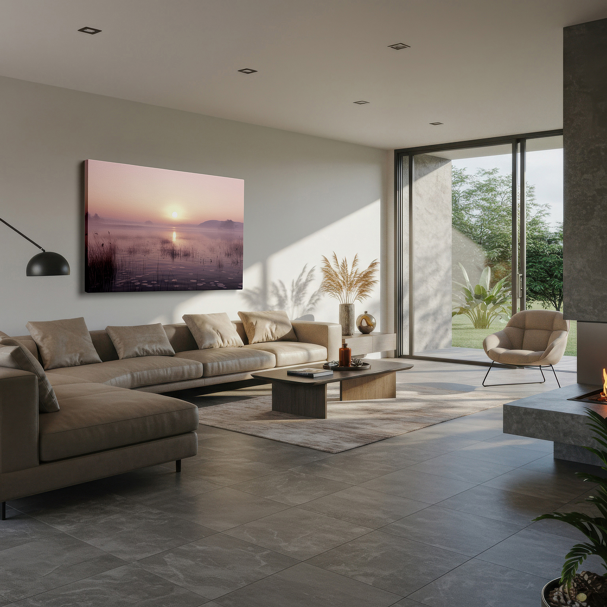 Hung in a cozy reading nook beside a floor lamp and bookshelf — mystical sunrise over a tranquil lake - serene landscape wall art for peaceful reflection, large canvas wall decor for office