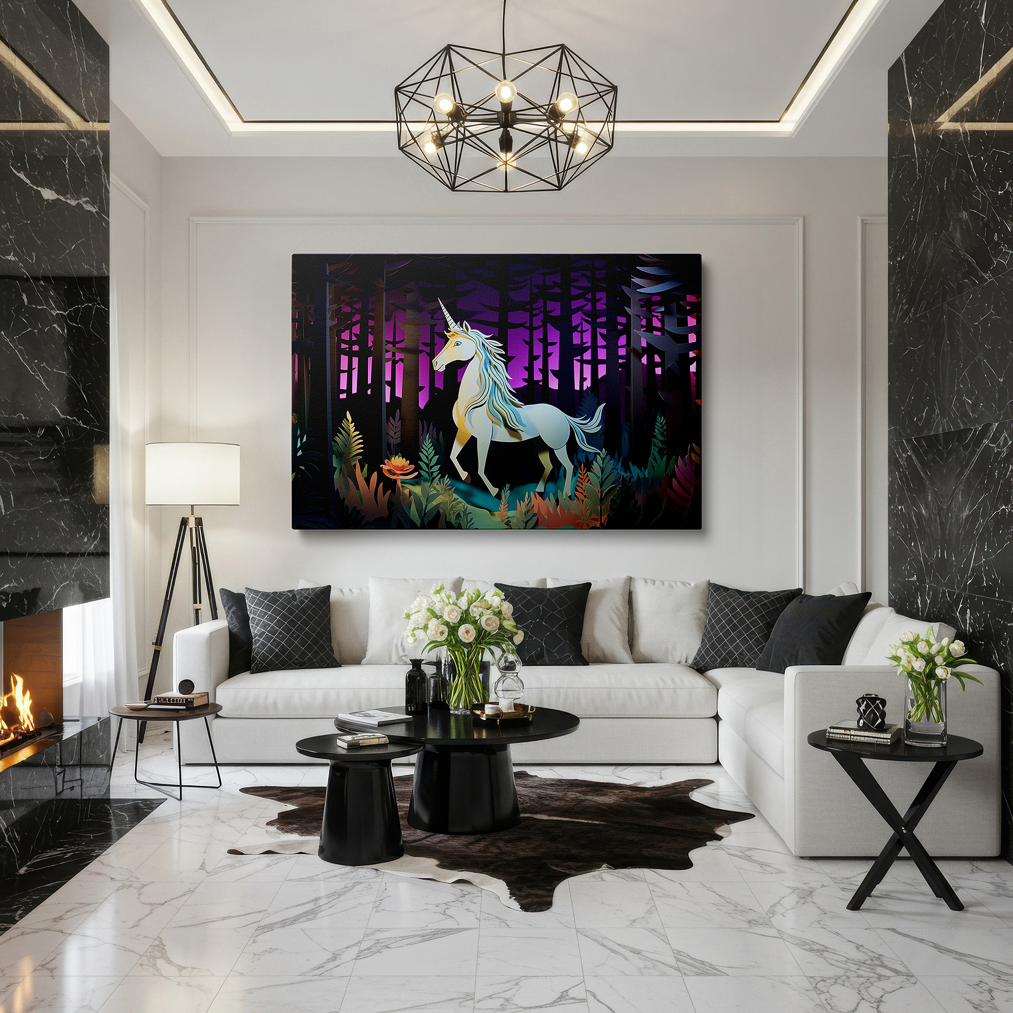 Hung in a cozy reading nook beside a floor lamp and bookshelf — mystical unicorn in an enchanted forest, magical vision and dream-themed large wall art, canvas wall art for office and bedroom decor