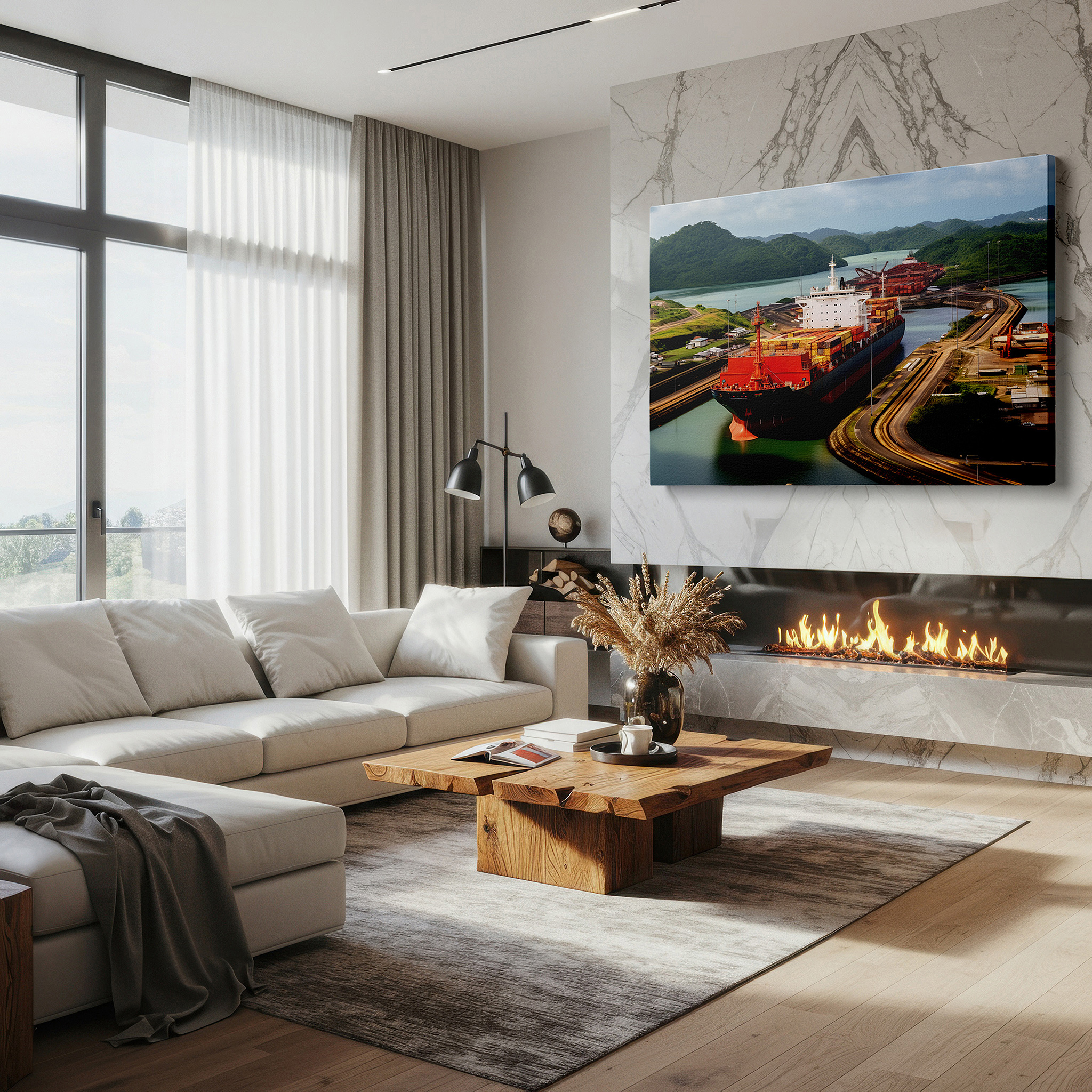 Hung in a cozy reading nook beside a floor lamp and bookshelf — panama canal large wall art: a perfect fusion of engineering and nature, ideal for office, bedroom, and living room decor