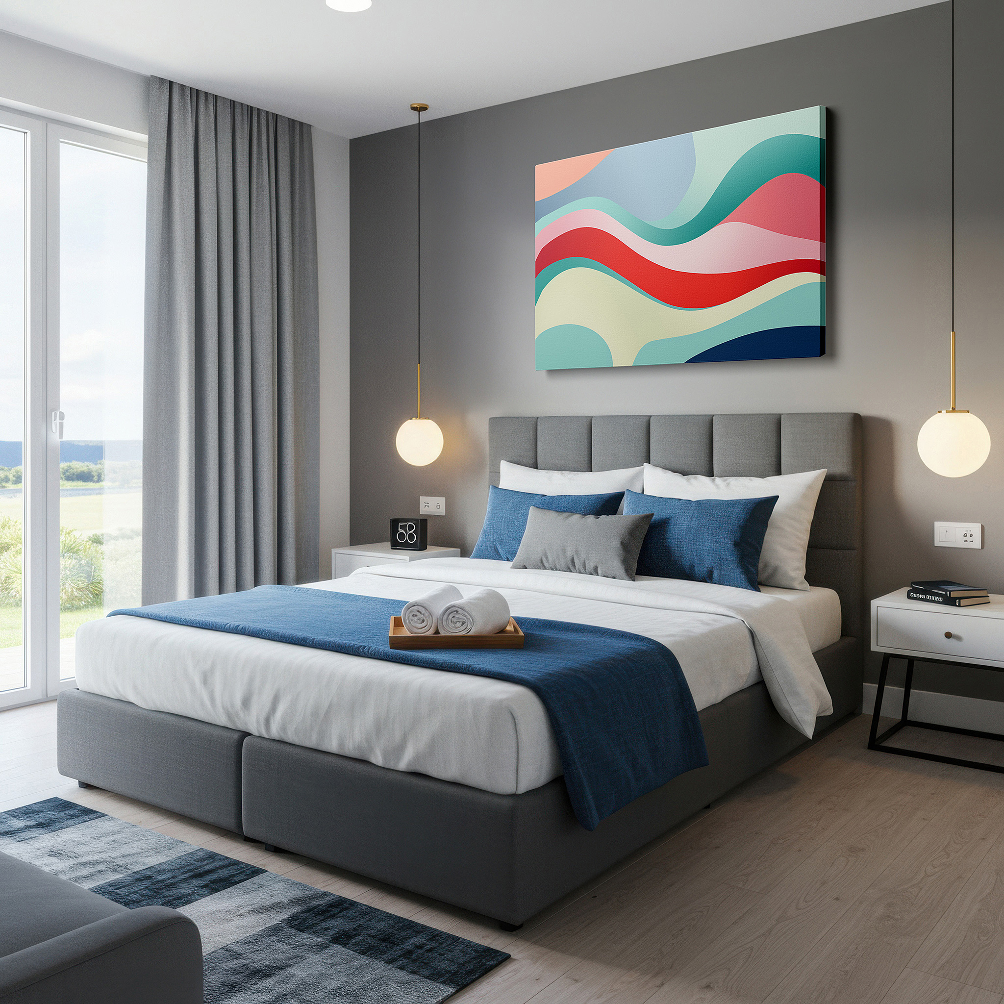Hung in a cozy reading nook beside a floor lamp and bookshelf — pastel-toned serene waves for modern decor: oversized canvas wall art for offices, bedrooms, and living rooms