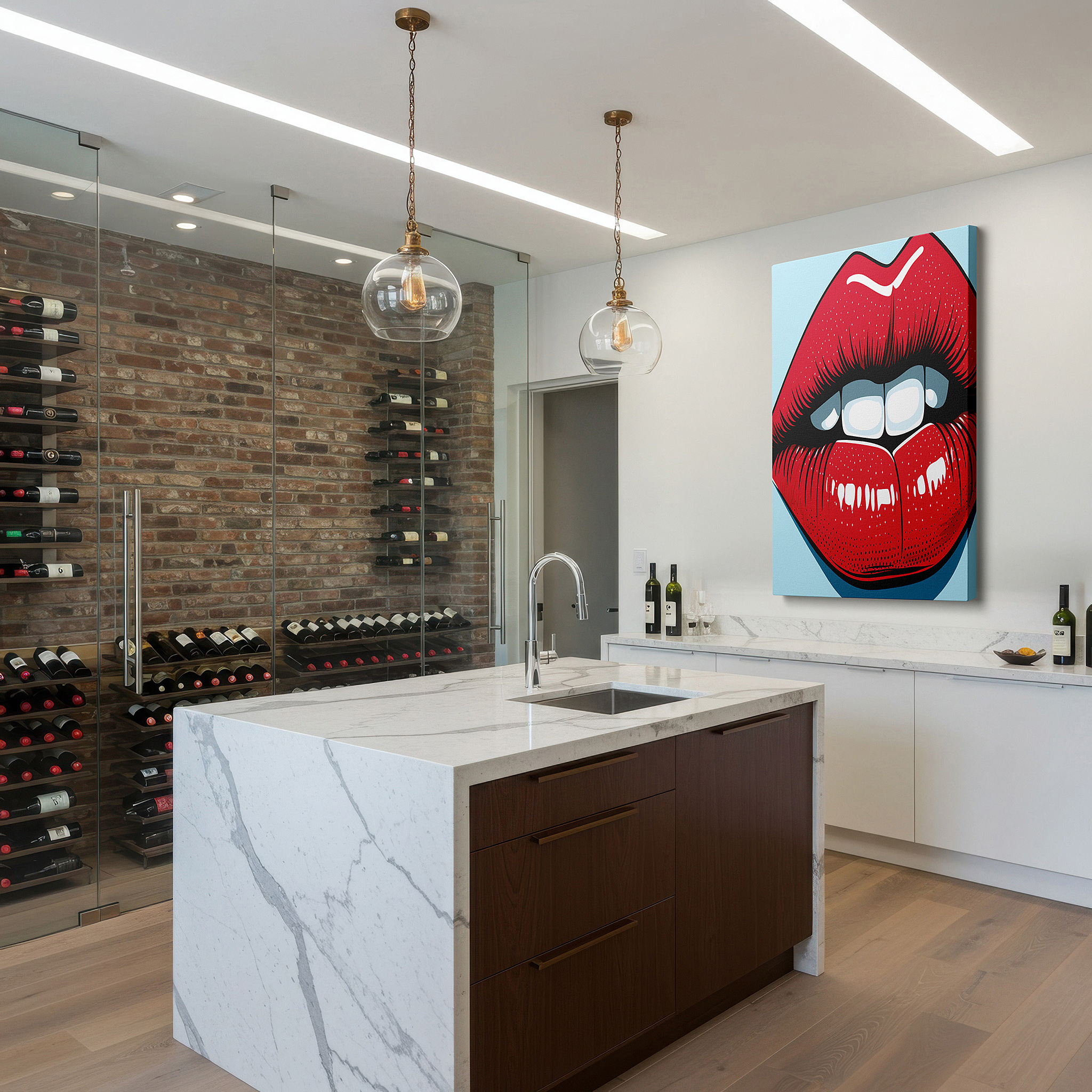 Hung in a cozy reading nook beside a floor lamp and bookshelf — plush red lips symbolize beauty and confidence: ideal for modern decor, large canvas wall art for offices and bedrooms