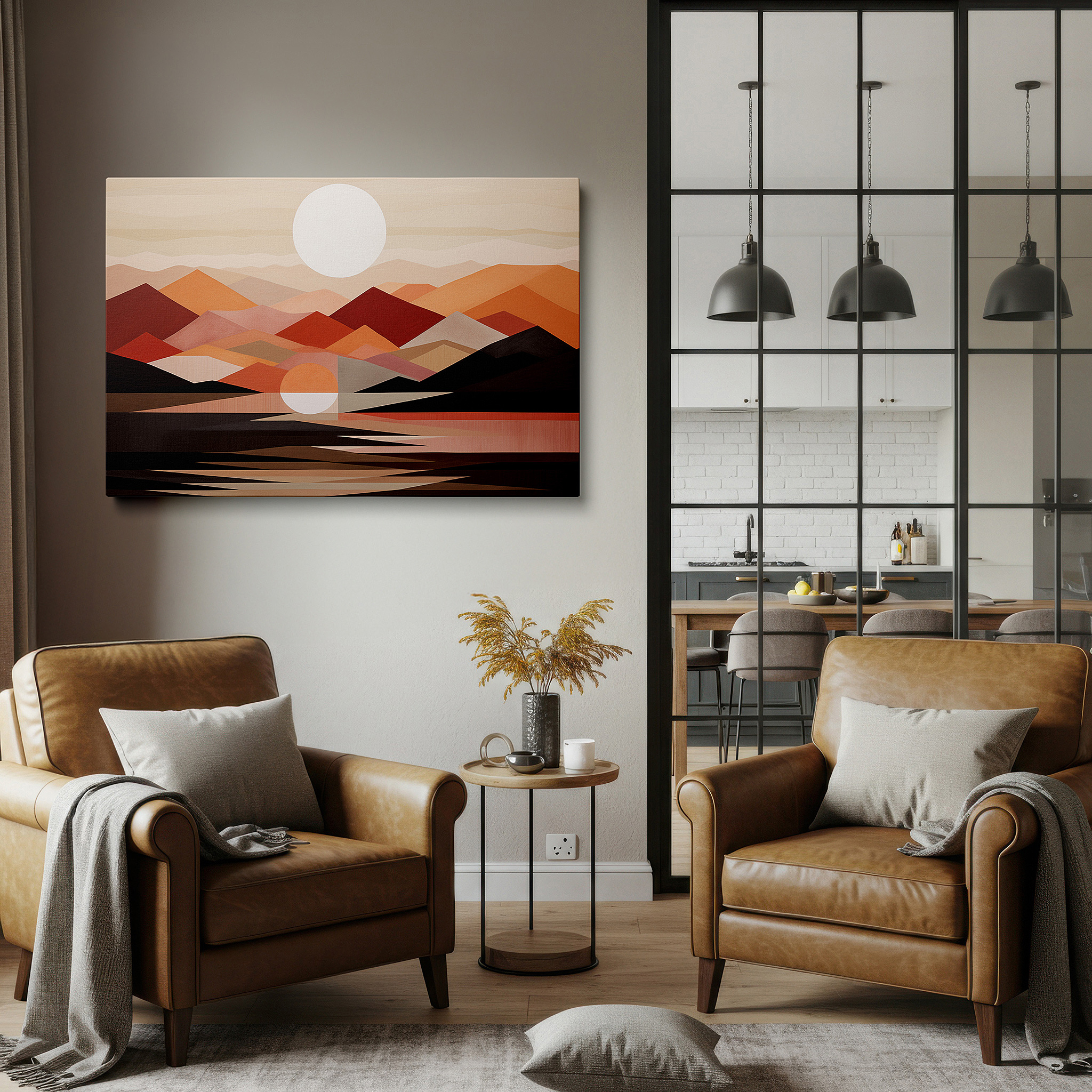 Hung in a cozy reading nook beside a floor lamp and bookshelf — radiant sun and majestic mountain abstract art, emotive warm hues and bold strokes, large canvas wall decor for office