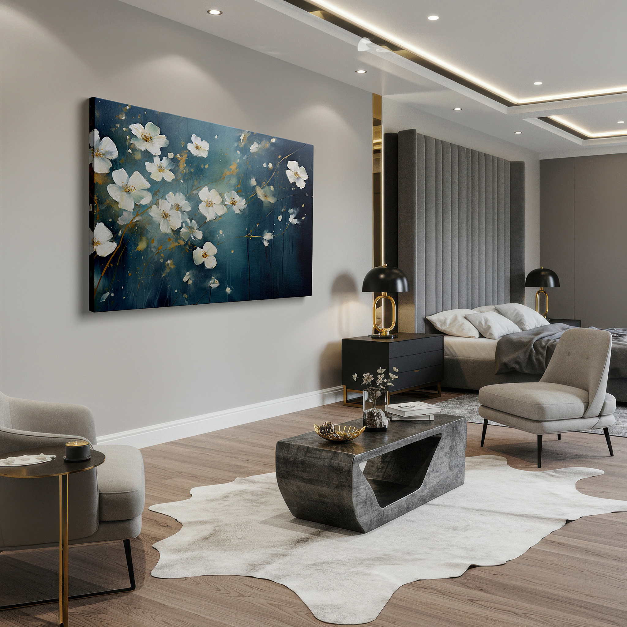 Hung in a cozy reading nook beside a floor lamp and bookshelf — resilient white flowers against dark backgrounds: striking contrast in modern decor, large canvas wall art for offices and homes