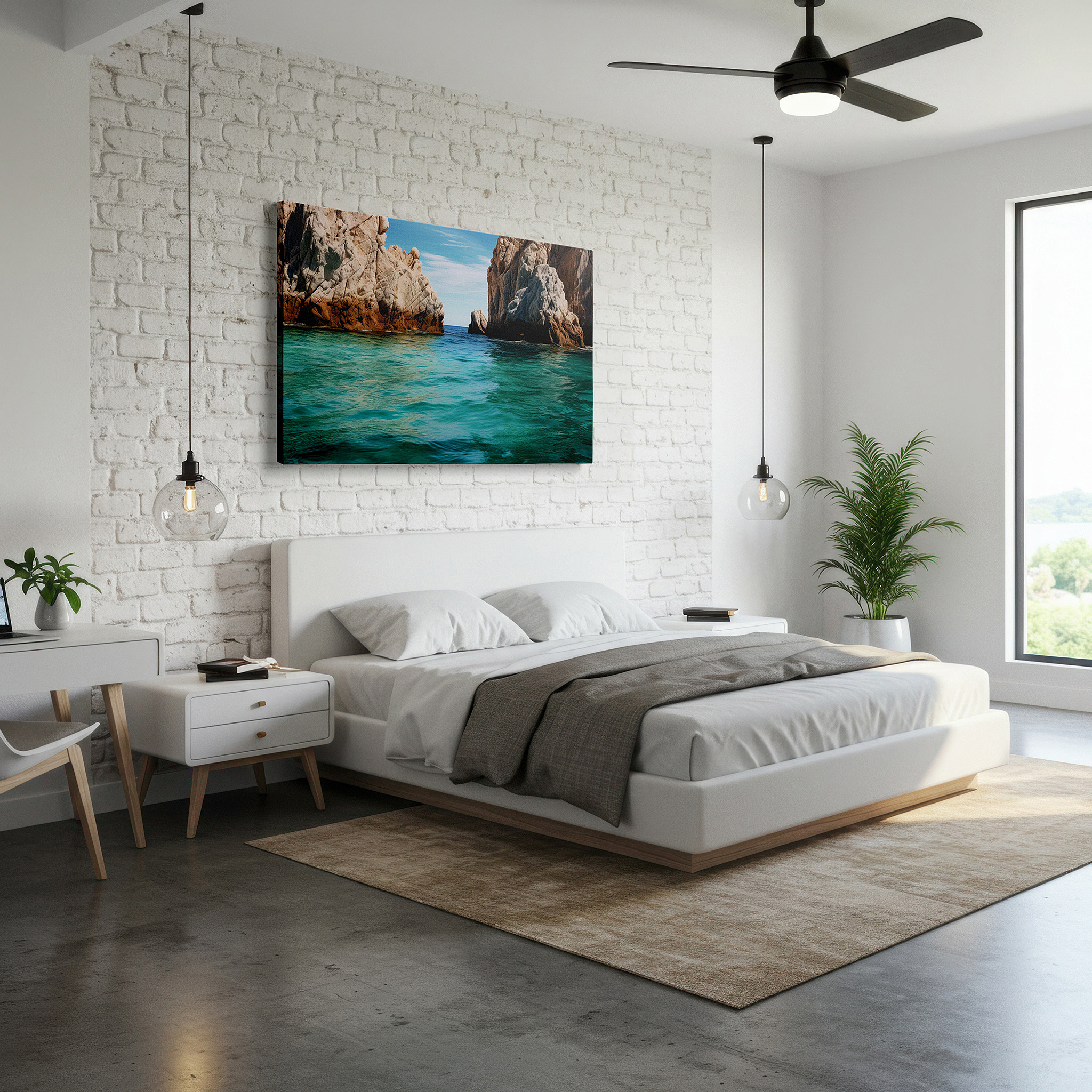 Hung in a cozy reading nook beside a floor lamp and bookshelf — rugged cliffs and turquoise sea - a serene nature landscape large wall art, canvas wall art, wall decor for office and bedroom
