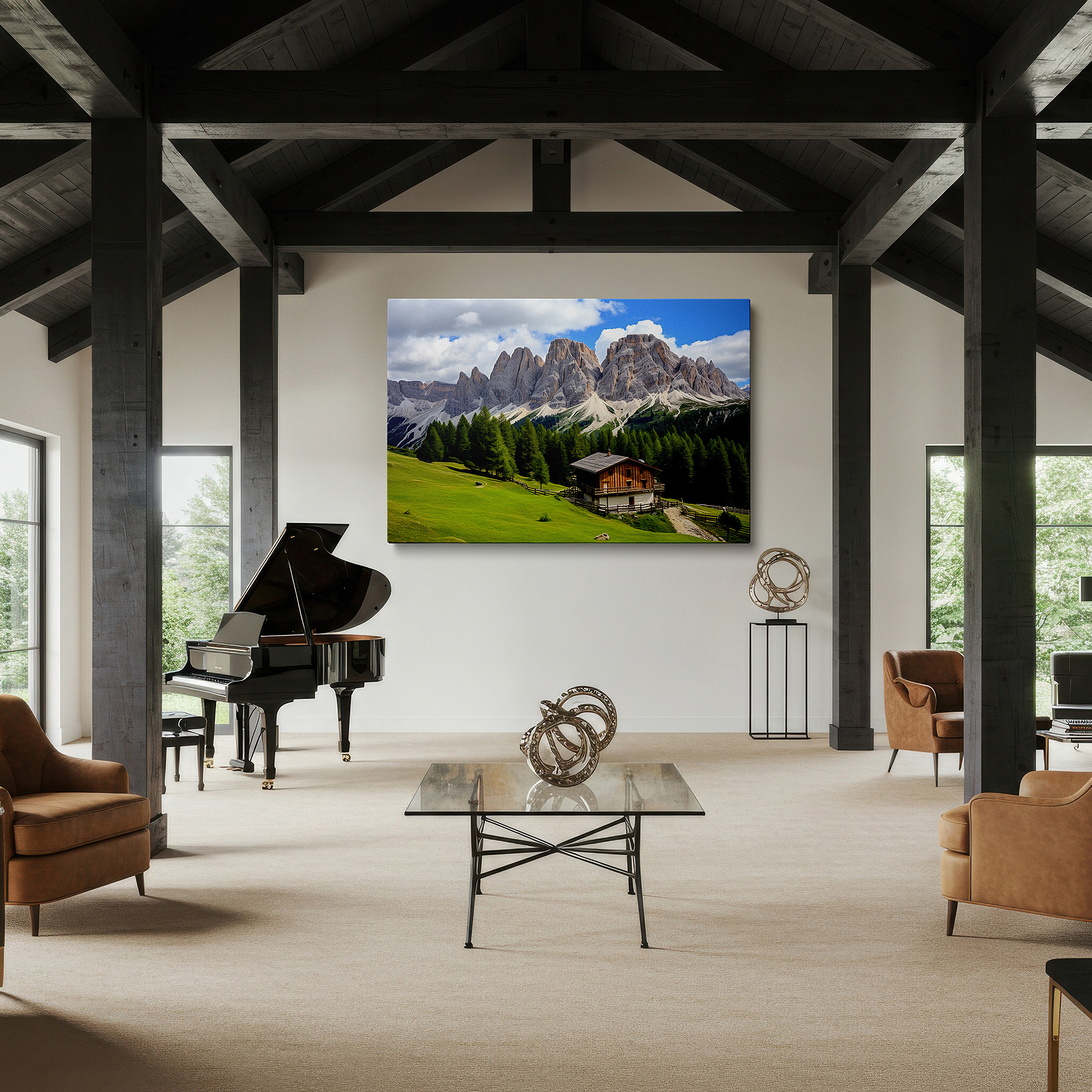 Hung in a cozy reading nook beside a floor lamp and bookshelf — rustic cabin amidst lush meadows with majestic dolomite peaks - large wall art for office, bedroom, and living room decor