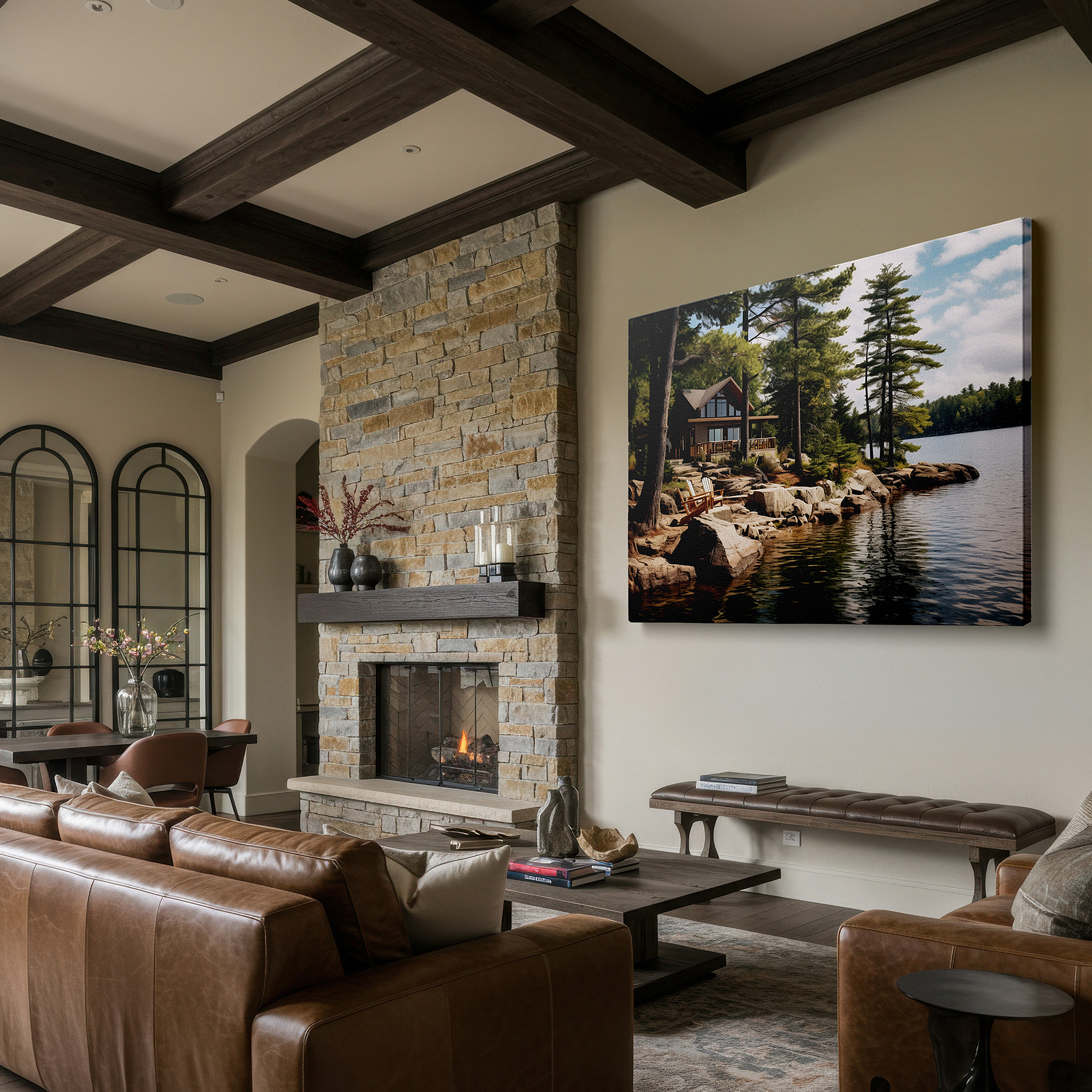 Hung in a cozy reading nook beside a floor lamp and bookshelf — rustic cabin retreat by a serene lake surrounded by lush trees - large canvas wall art for home and office decor