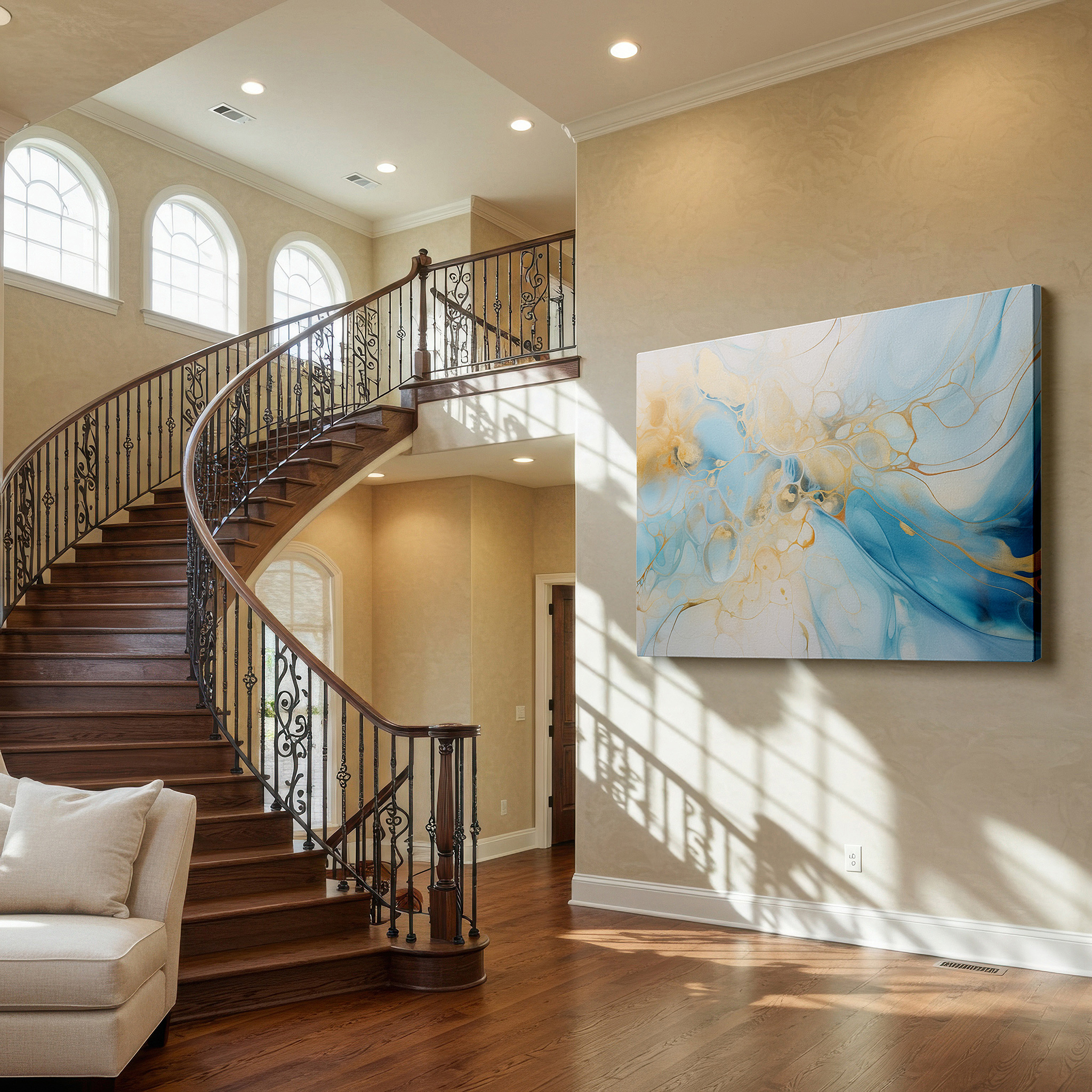 Hung in a cozy reading nook beside a floor lamp and bookshelf — serene blues and glowing golds: a sophisticated abstract masterpiece, large canvas wall art for home and office decor