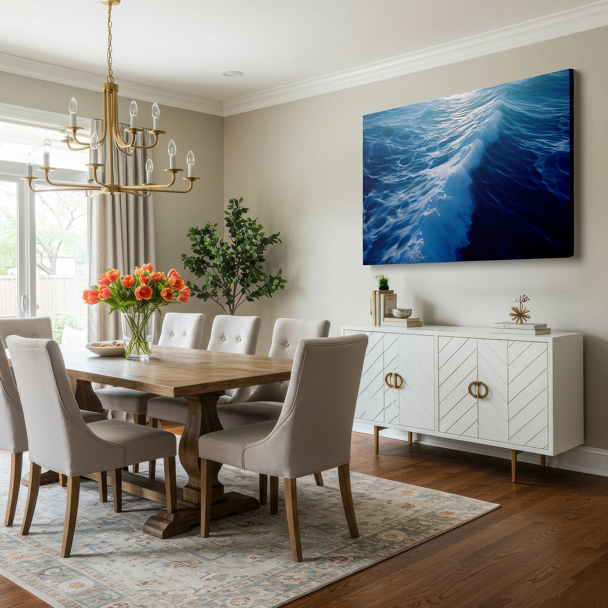 Hung in a cozy reading nook beside a floor lamp and bookshelf — serene blues symphony: radiant sunlight and gentle waves - large canvas wall art for office and bedroom decor
