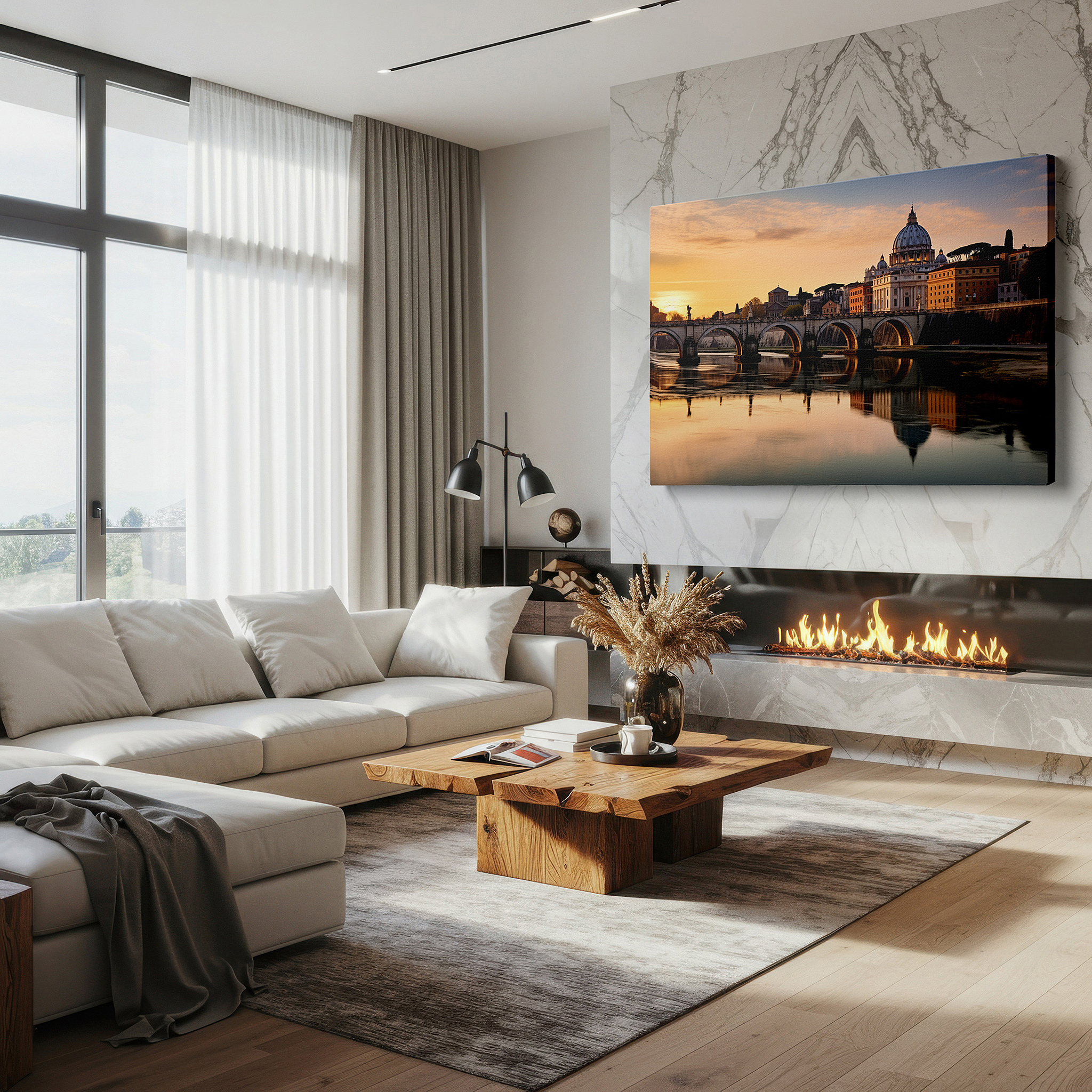 Hung in a cozy reading nook beside a floor lamp and bookshelf — serene dawn at st. peter's basilica over the tiber river wall art for office, bedroom, and living room decor