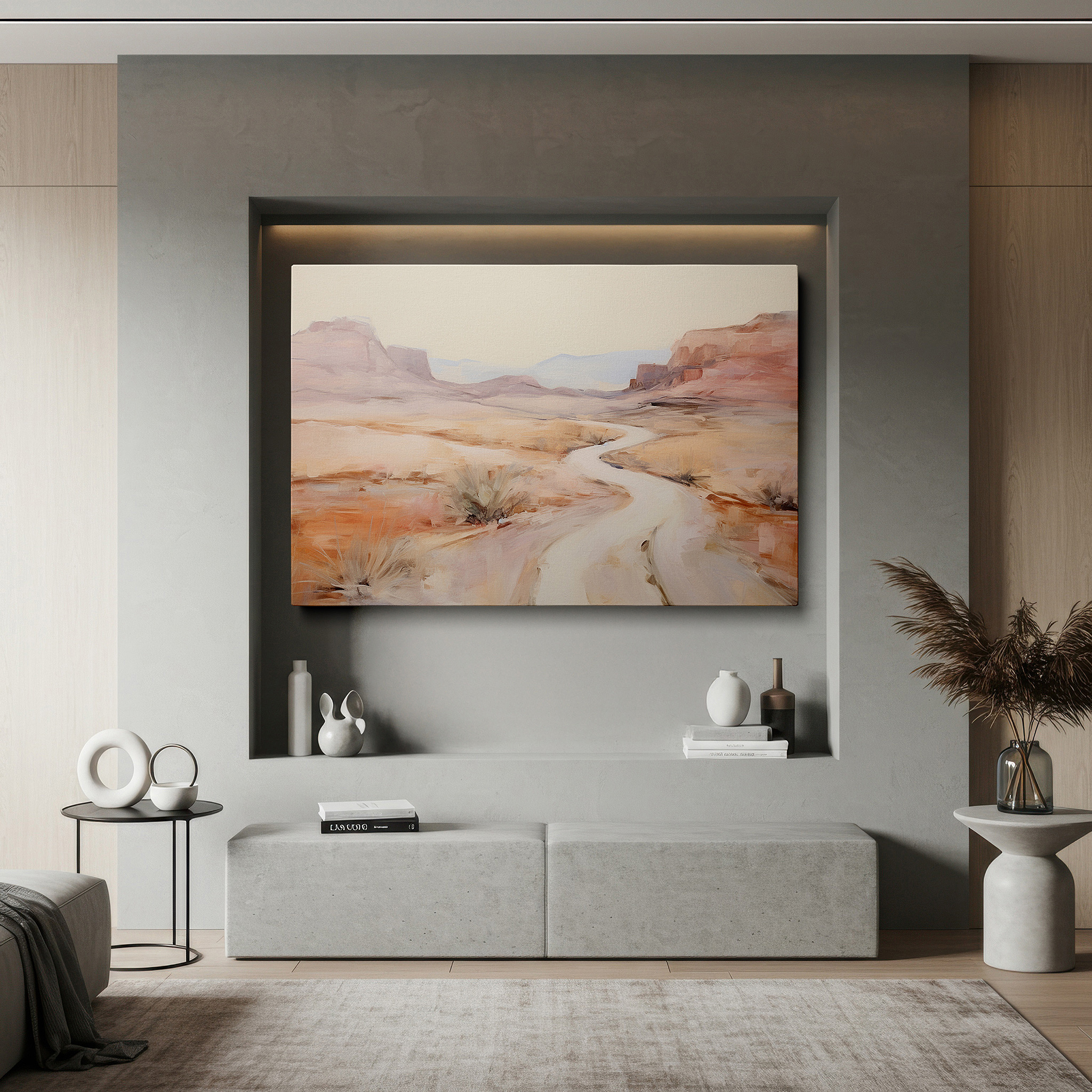 Hung in a cozy reading nook beside a floor lamp and bookshelf — serene desert pathway - tranquil journey through expansive wilderness large wall art, canvas wall art, wall decor for office and bedroom