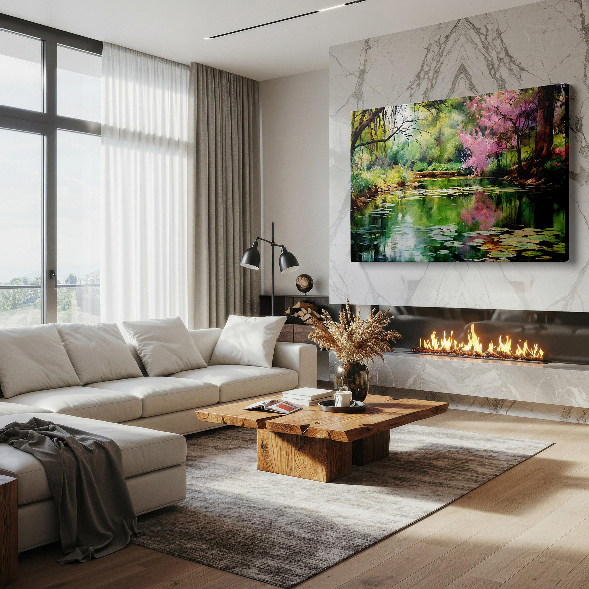 Hung in a cozy reading nook beside a floor lamp and bookshelf — serene garden pond canvas wall art featuring lush greenery and ethereal blossoms - large wall decor for office