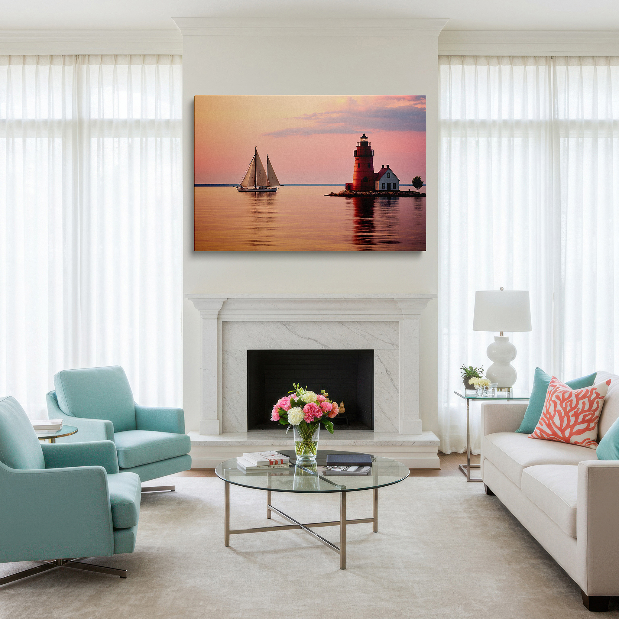 Hung in a cozy reading nook beside a floor lamp and bookshelf — serene maritime canvas art featuring red lighthouse and sailboat at twilight - large wall decor for office and bedroom