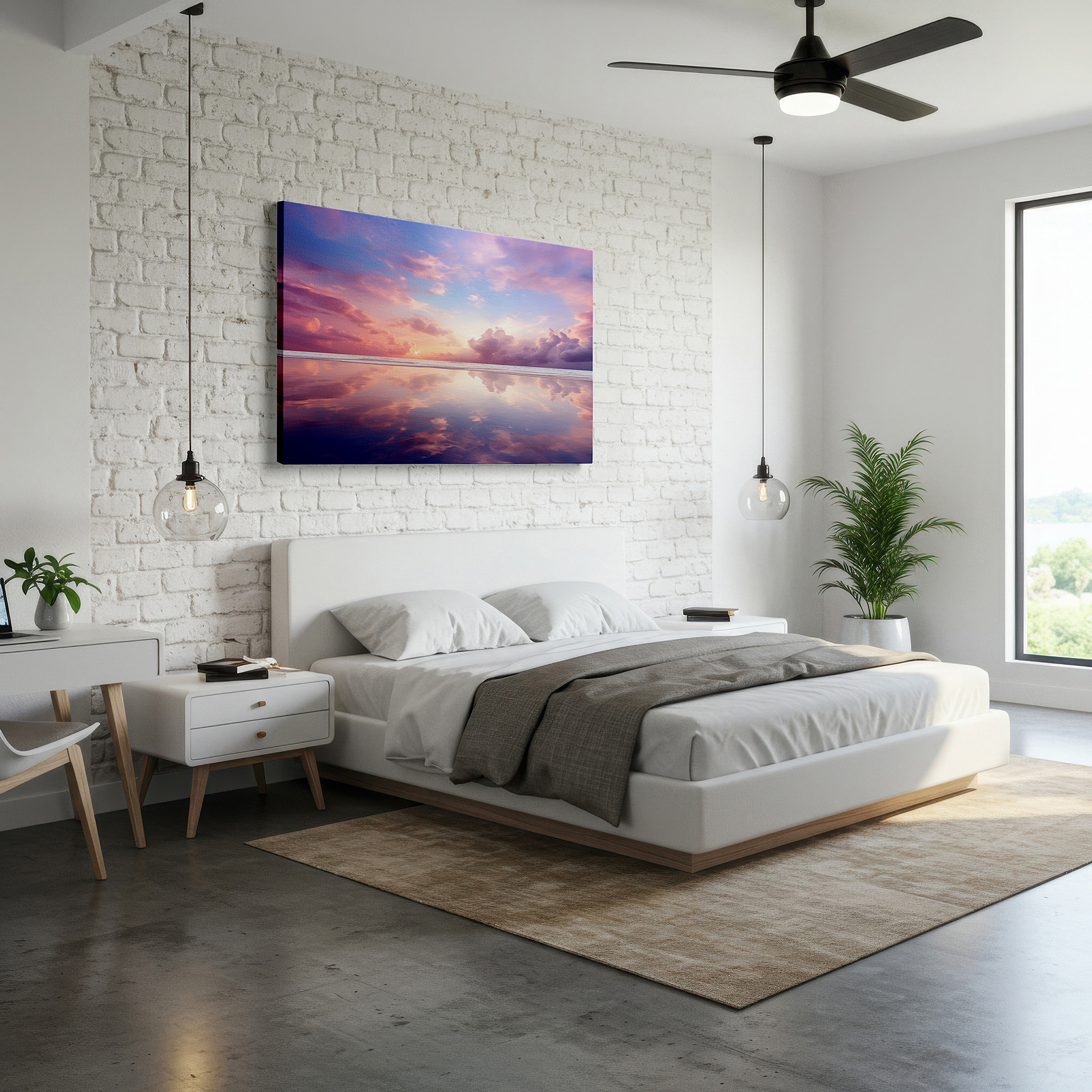 Hung in a cozy reading nook beside a floor lamp and bookshelf — serene ocean at sunset: a gateway to tranquility - large canvas wall art for home and office decor