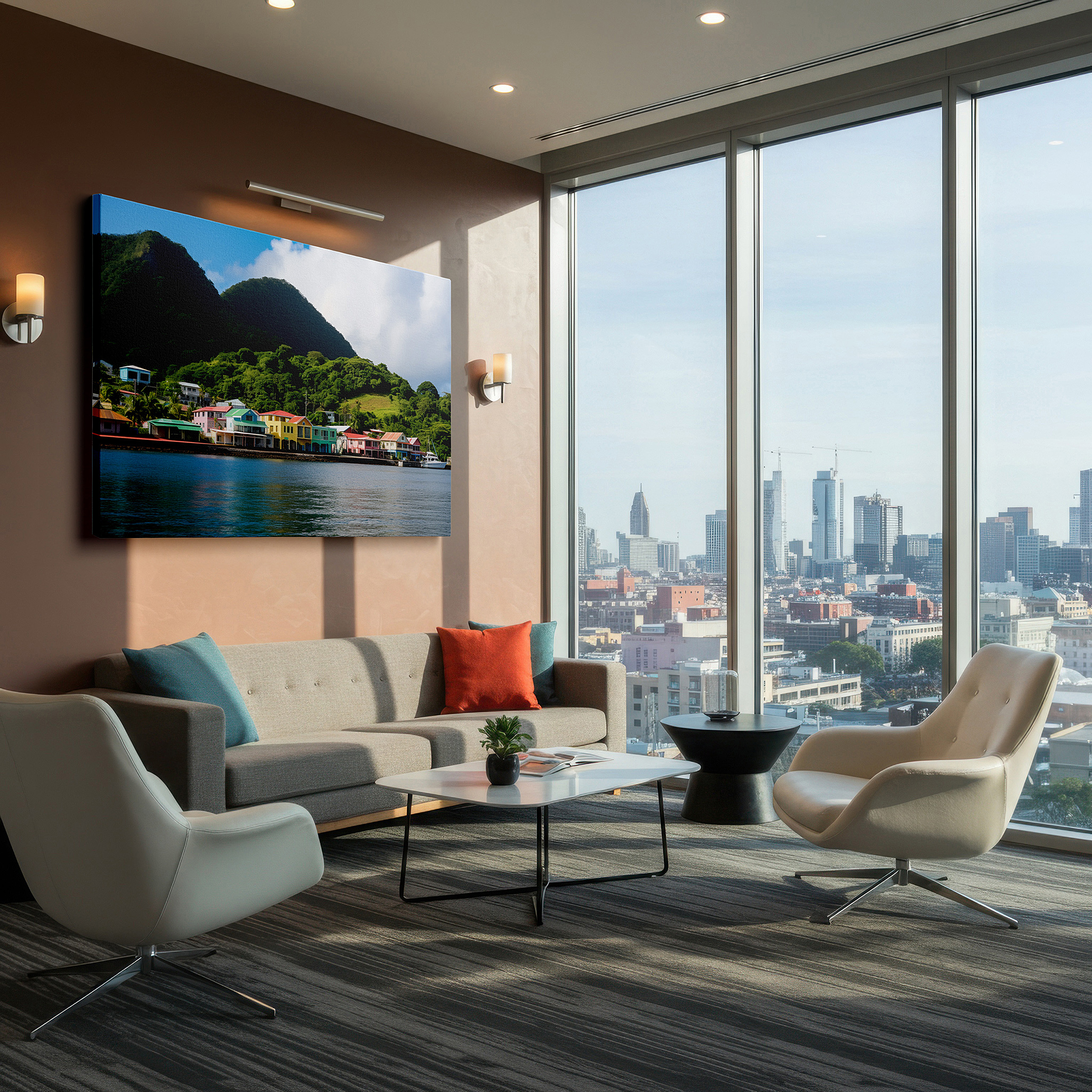 Hung in a cozy reading nook beside a floor lamp and bookshelf — serene waterfront homes with lush mountain views: large wall art, canvas wall art, wall decor for office