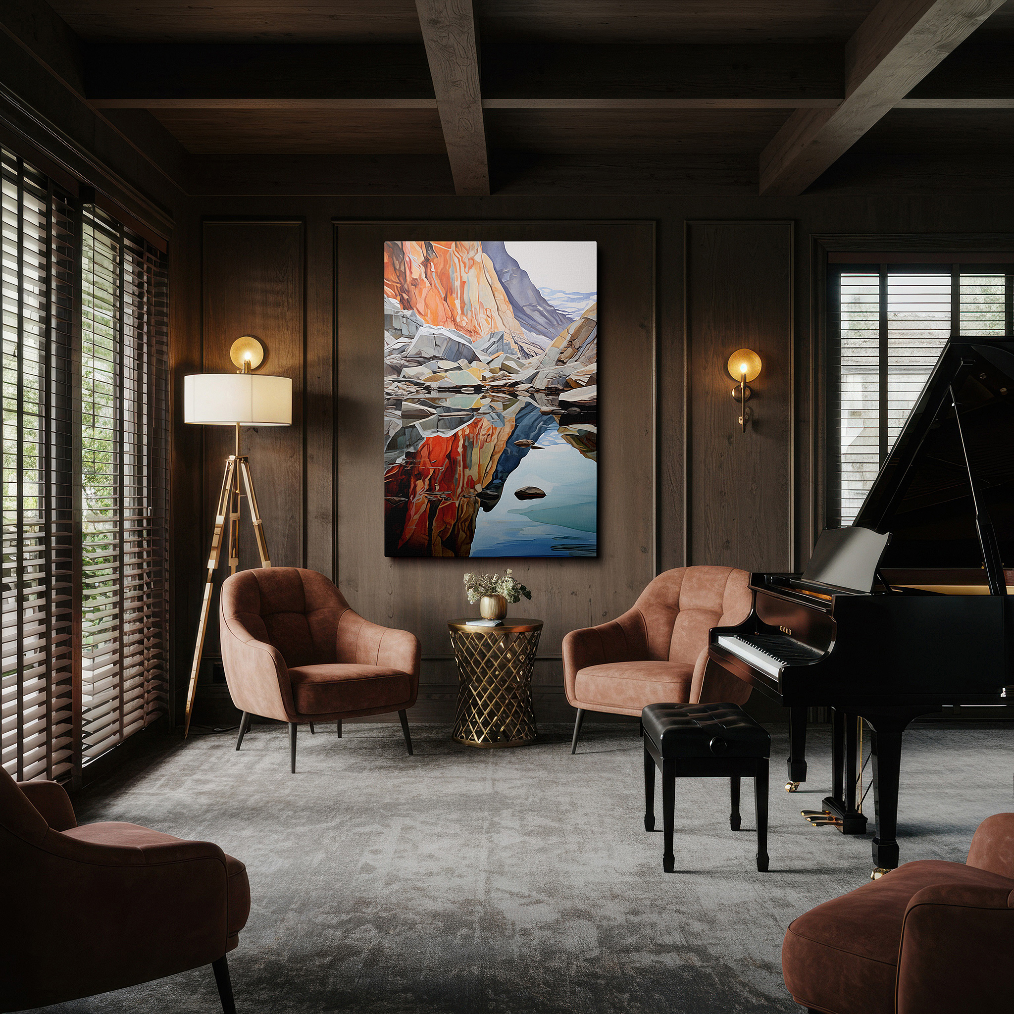 Hung in a cozy reading nook beside a floor lamp and bookshelf — serene waters and grand rocks - nature's peaceful symphony large wall art, canvas wall art, wall decor for office and bedroom