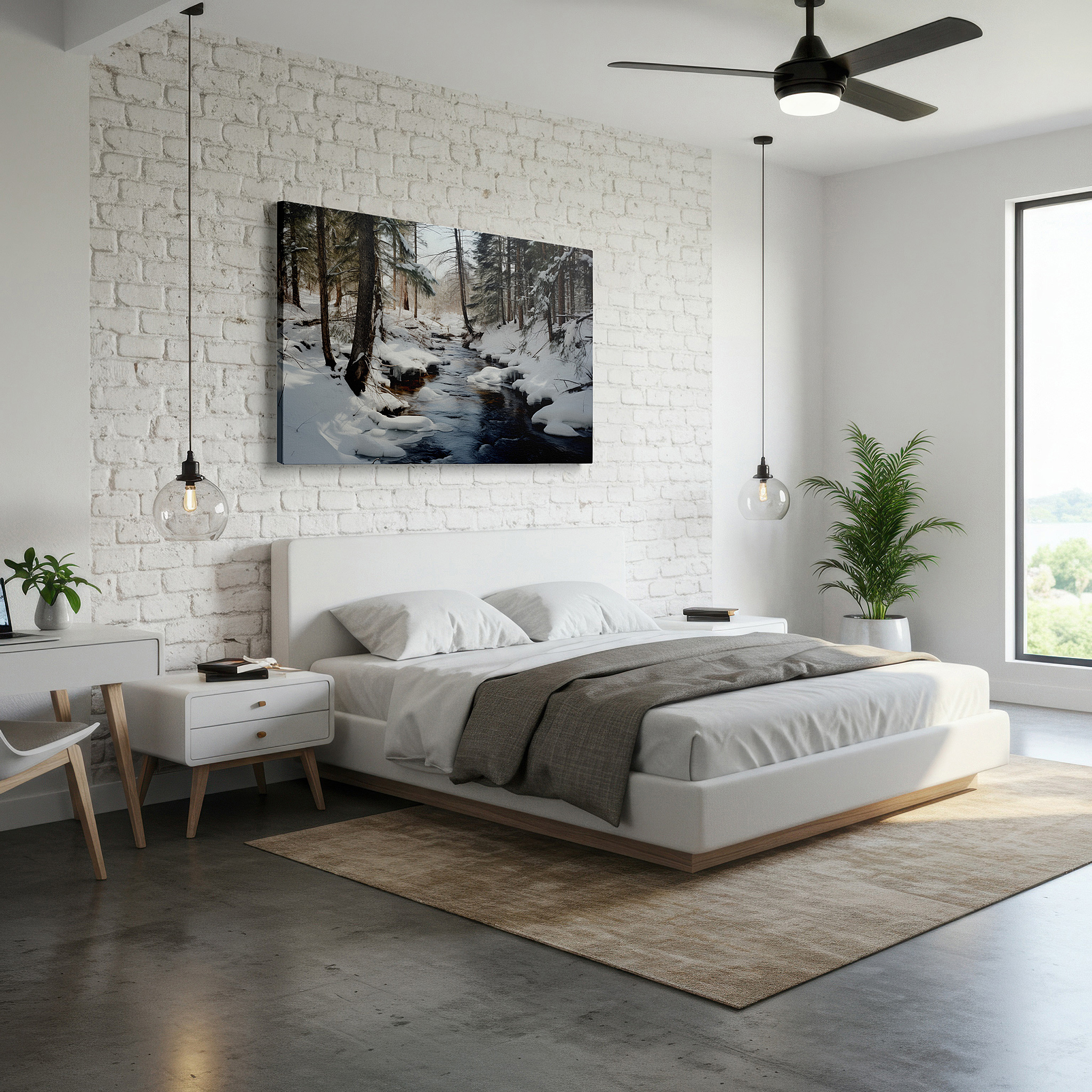 Hung in a cozy reading nook beside a floor lamp and bookshelf — serene winter creek amidst snowy trees large wall art, canvas wall art, wall decor for office, bedroom, and living room