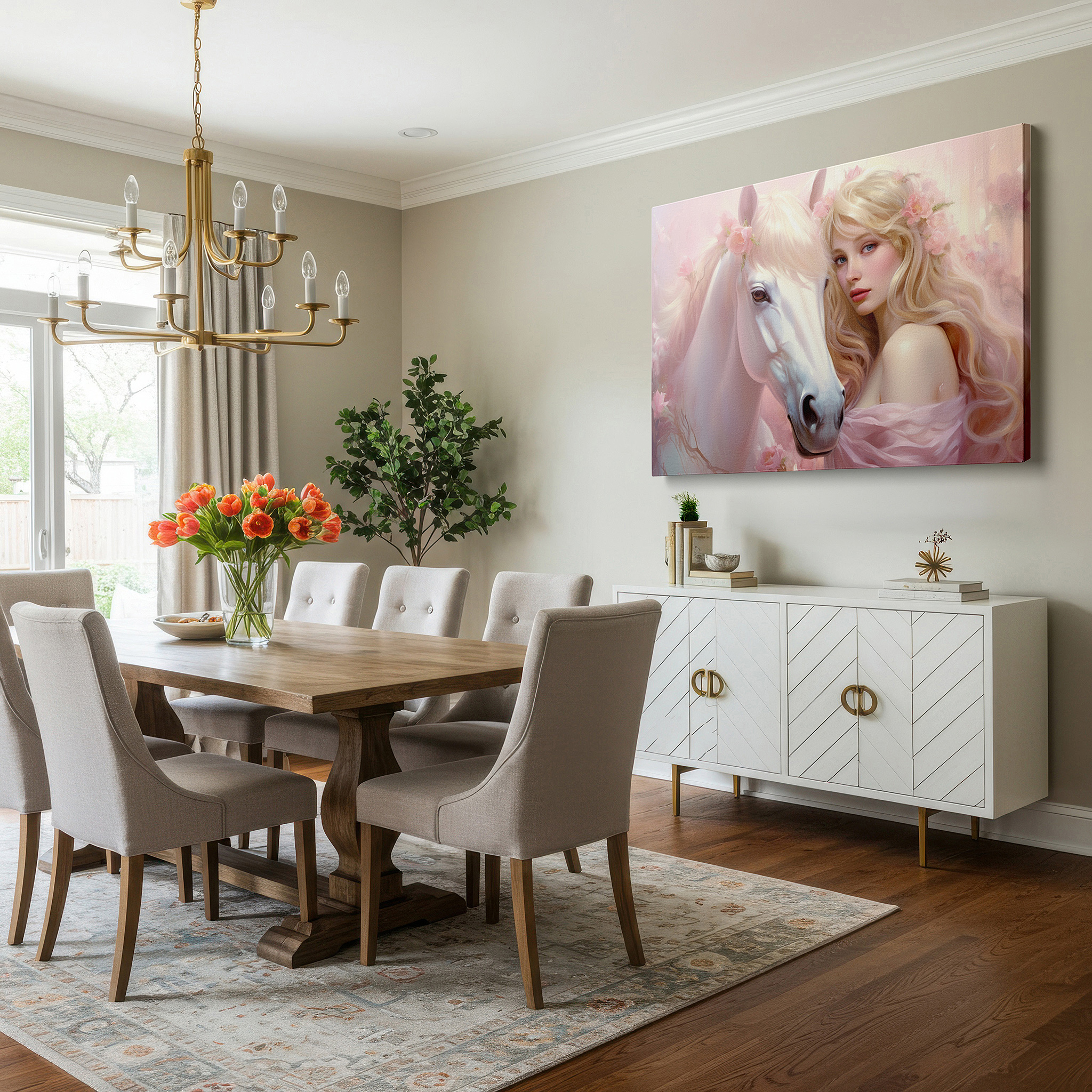 Hung in a cozy reading nook beside a floor lamp and bookshelf — serene woman with majestic white horse in a dreamy pastel landscape - large canvas wall art for office and bedroom decor