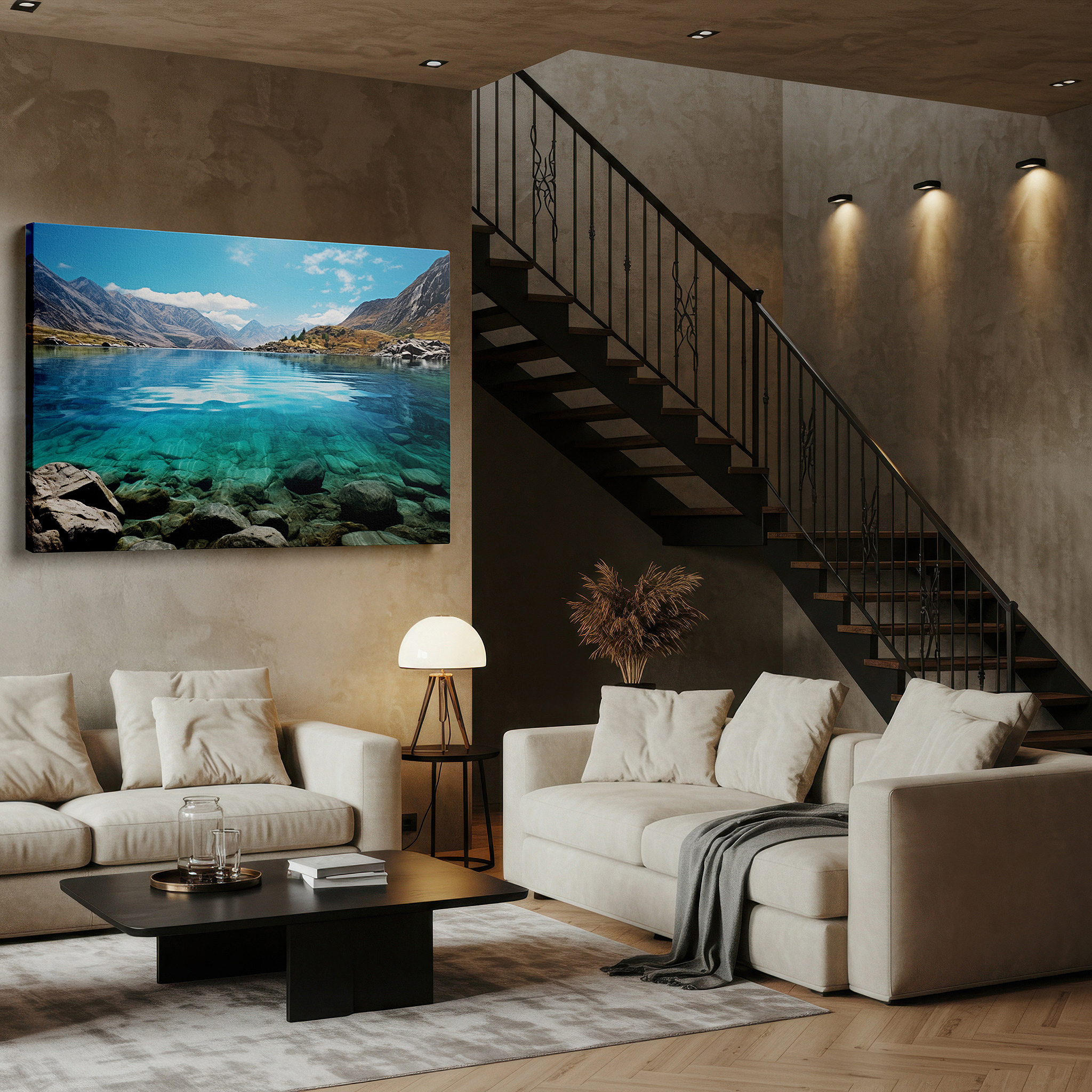 Hung in a cozy reading nook beside a floor lamp and bookshelf — snow-capped mountains and golden skies reflected in majestic lake large canvas wall art for office and bedroom decor