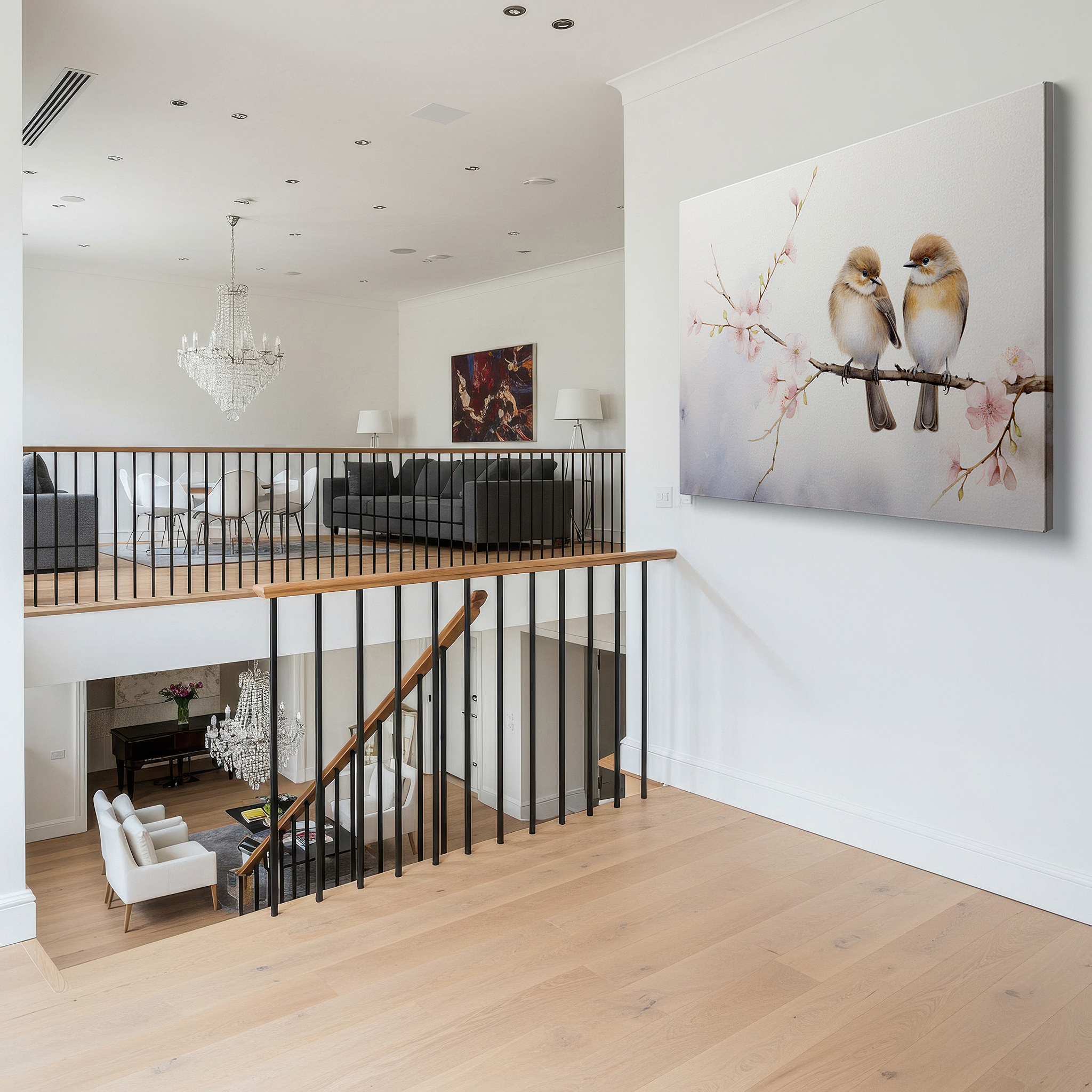 Hung in a cozy reading nook beside a floor lamp and bookshelf — soft pastel birds nestled in blossoming branch, representing love and unity large canvas wall art, office wall decor
