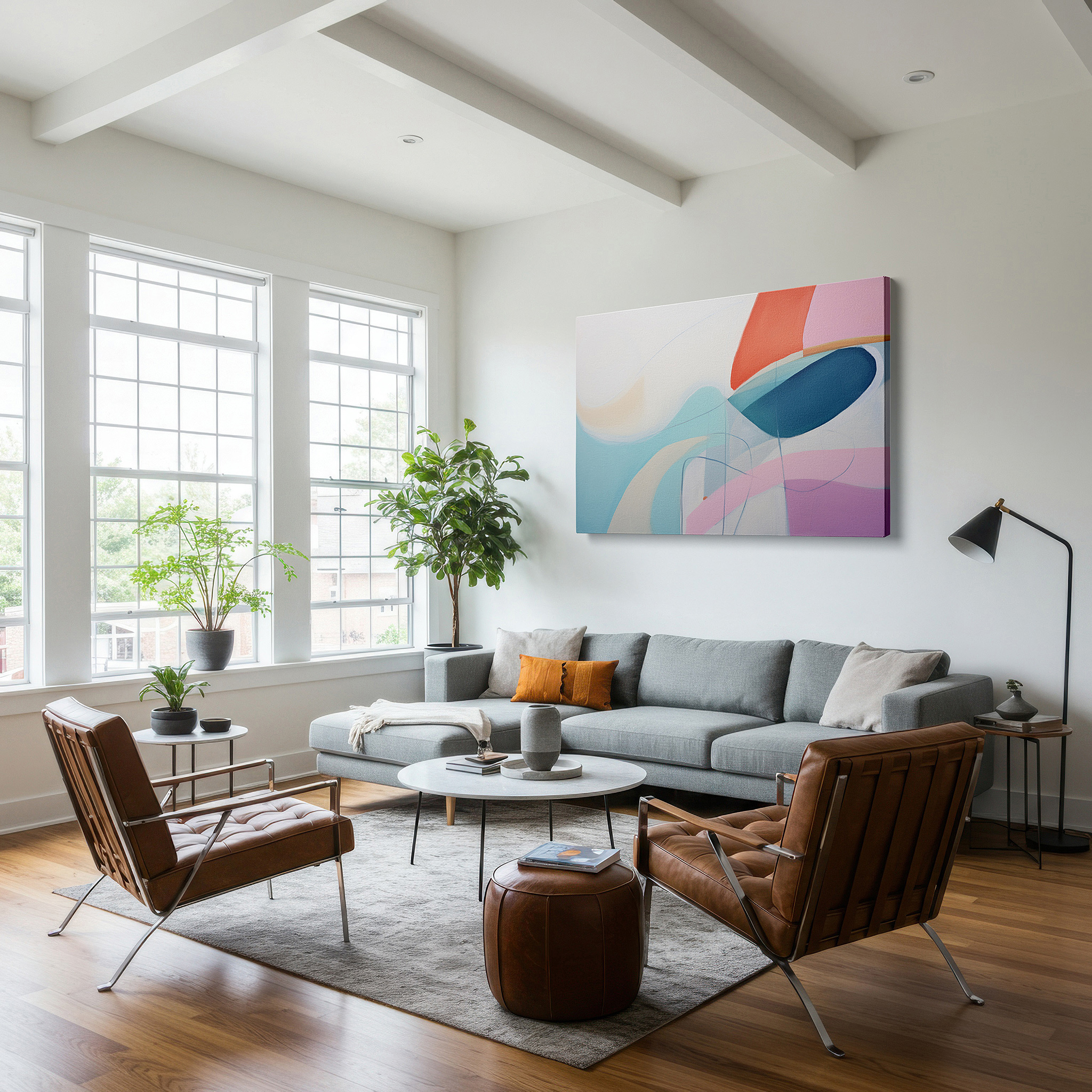 Hung in a cozy reading nook beside a floor lamp and bookshelf — soft pastel and fluid form large wall art for bedrooms, living rooms, and offices