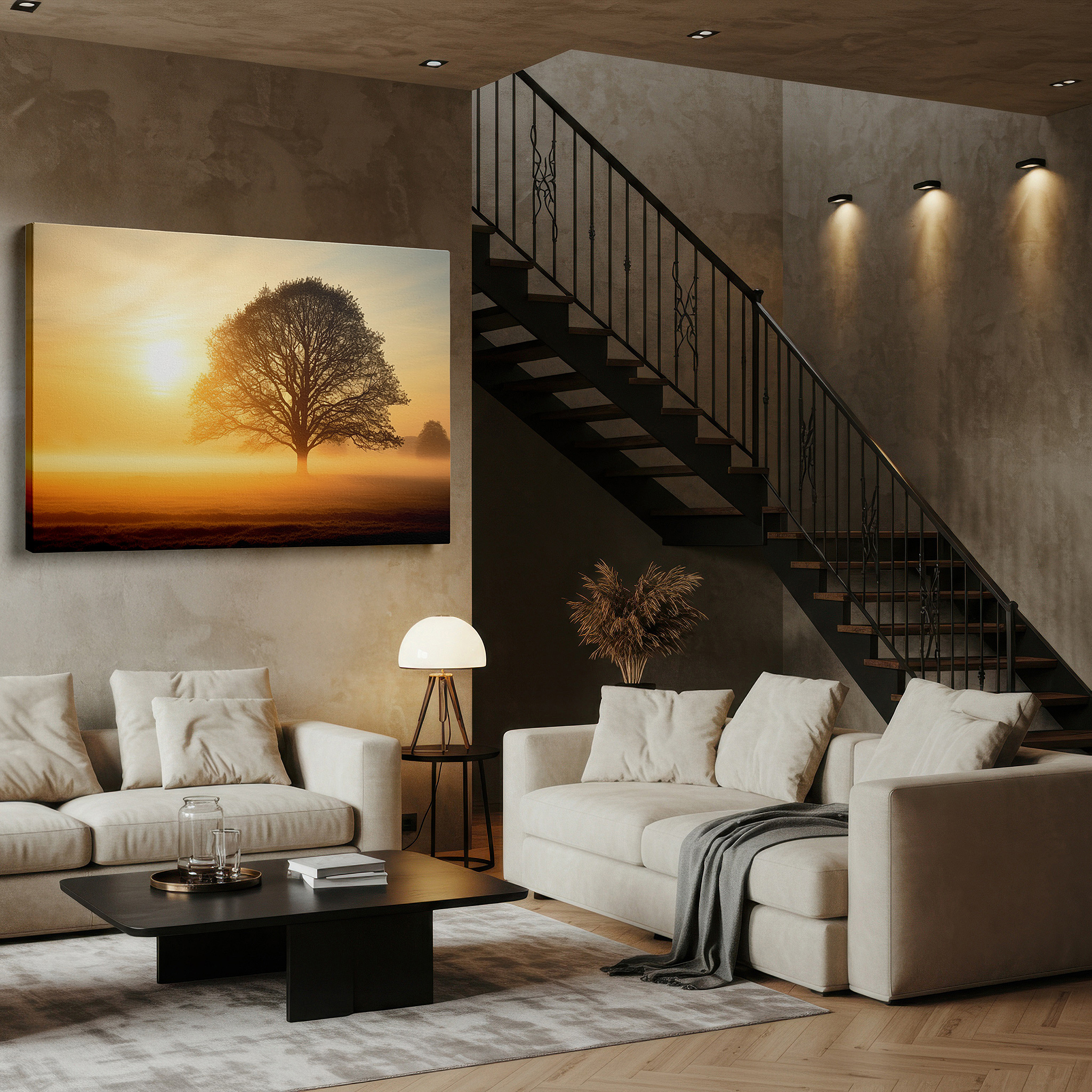 Hung in a cozy reading nook beside a floor lamp and bookshelf — solitary tree silhouetted by dawn's light, large wall art featuring a gradient from indigo to orange, canvas wall art for office and bedroom decor
