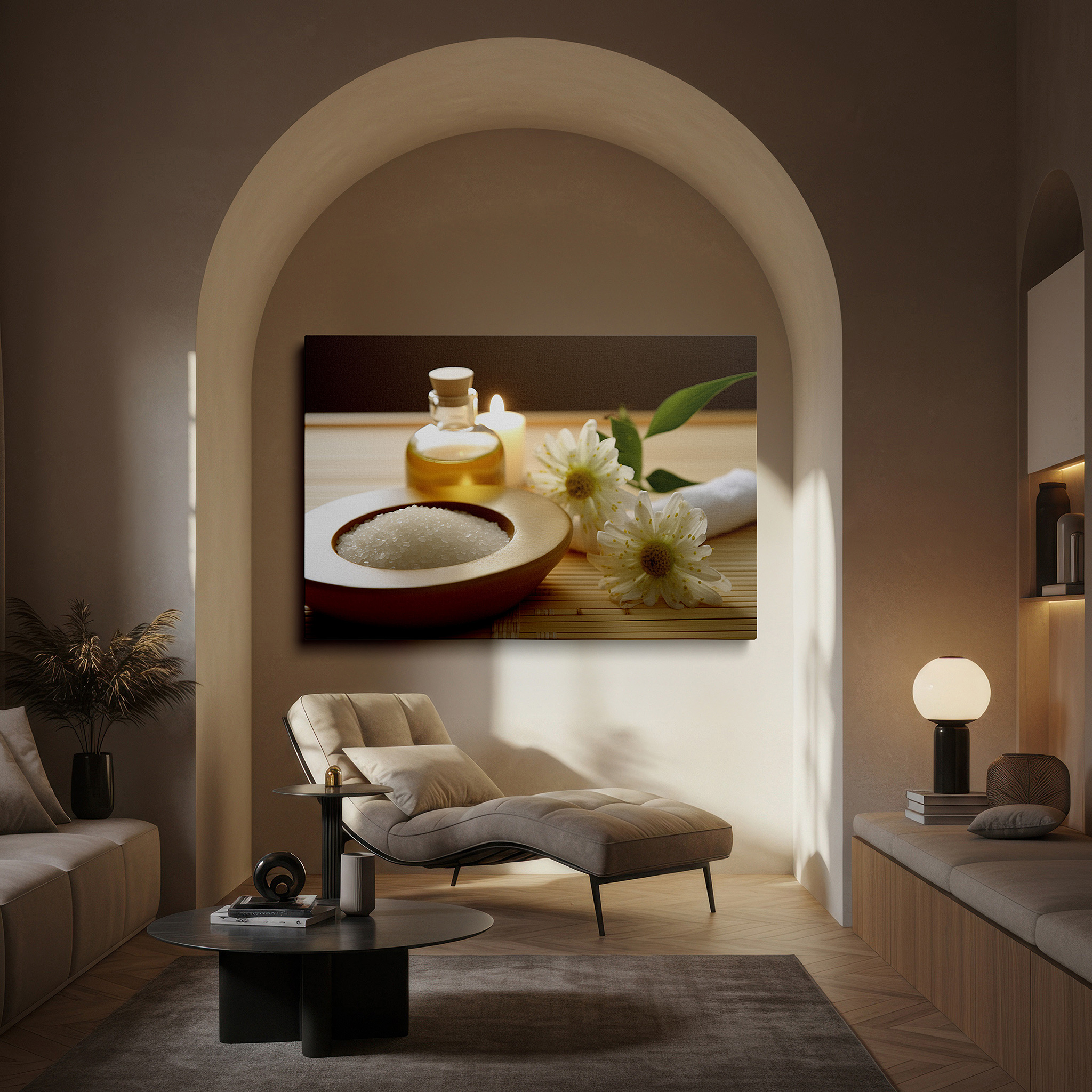 Hung in a cozy reading nook beside a floor lamp and bookshelf — spa retreat wall art featuring aromatic flowers, essential oils, and bath salts - large canvas art for home and office decor, perfect for bedrooms and living spaces