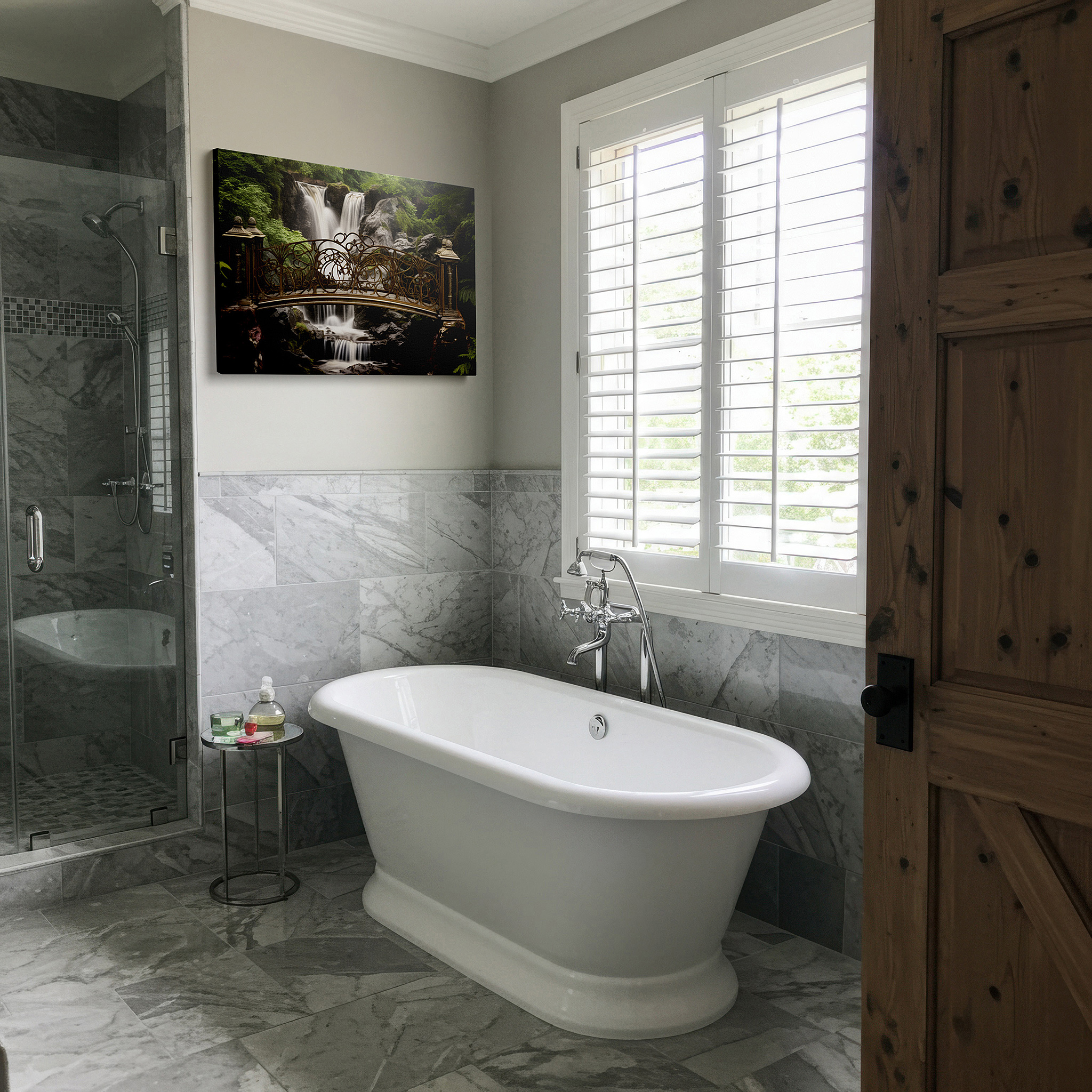 Hung in a cozy reading nook beside a floor lamp and bookshelf — stunning bridge and waterfall canvas print surrounded by verdant foliage for home and office decor