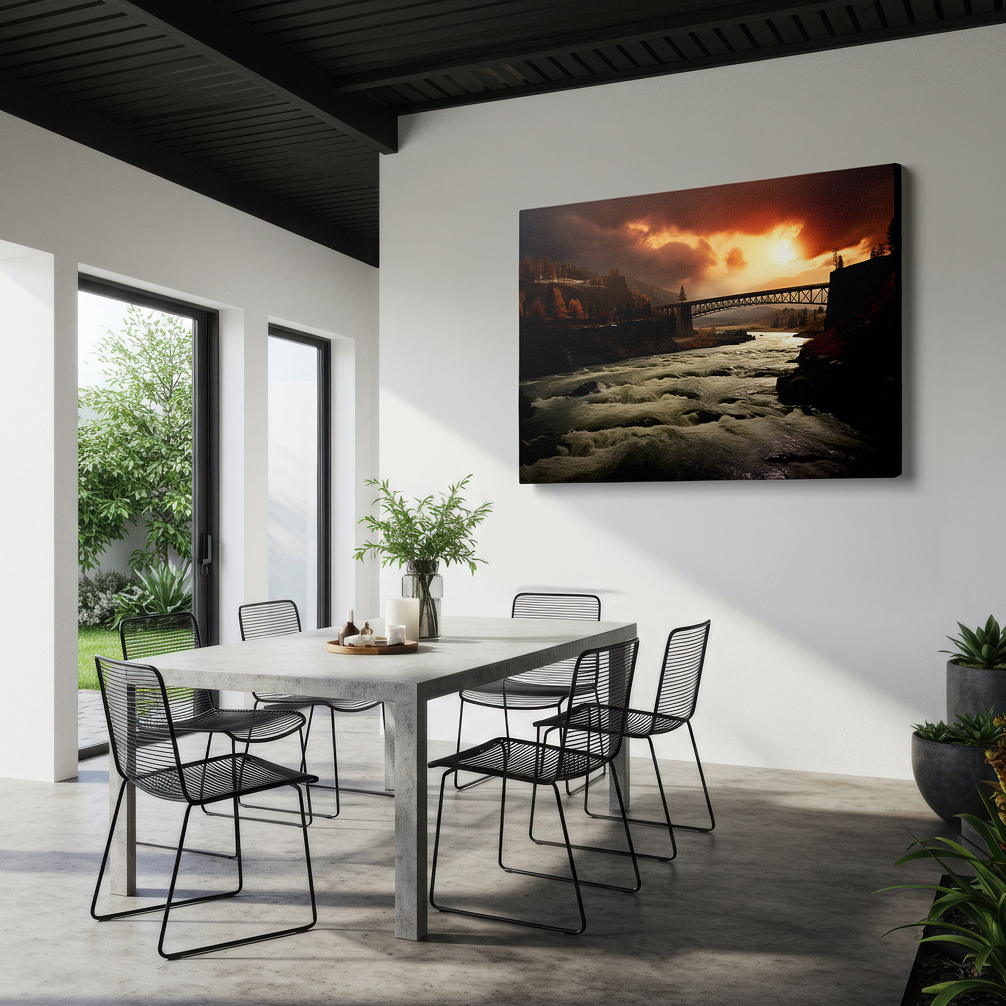 Hung in a cozy reading nook beside a floor lamp and bookshelf — sunset blaze over the vigorous river and majestic bridge wall art - large canvas for office, bedroom, and living room decor