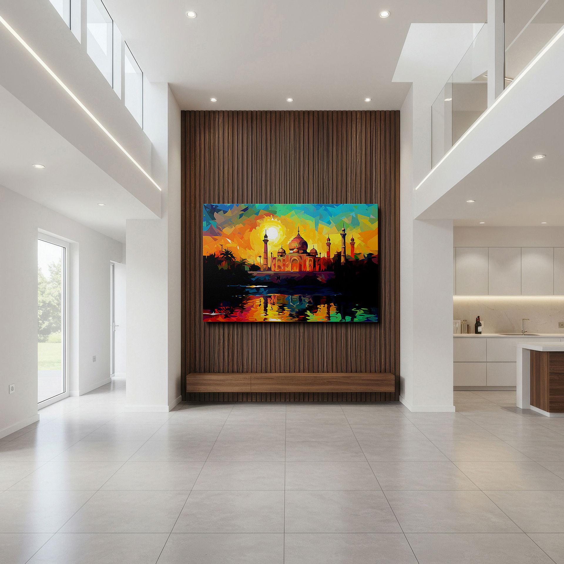 Hung in a cozy reading nook beside a floor lamp and bookshelf — taj mahal radiant sun wall art - contemporary color and