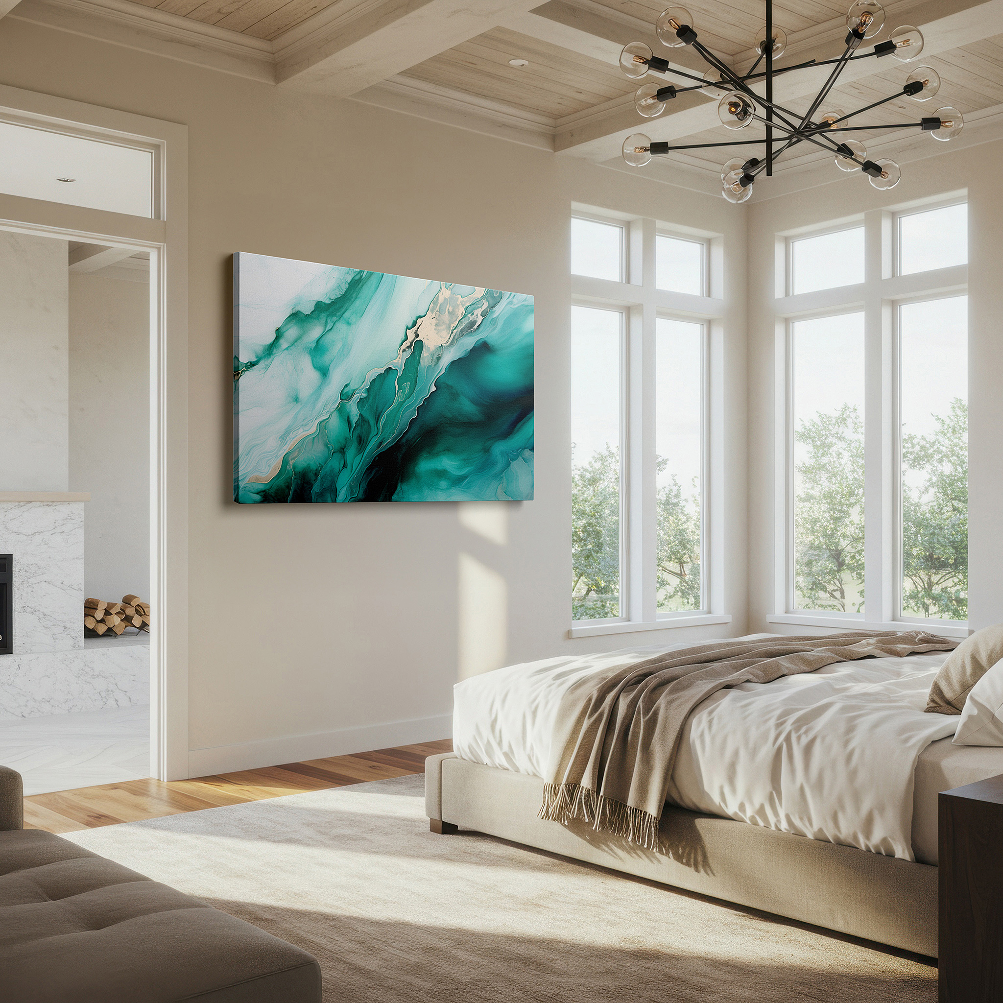 Hung in a cozy reading nook beside a floor lamp and bookshelf — tranquil turquoise waves and golden light abstract masterpiece - large canvas wall art for office and bedroom decor