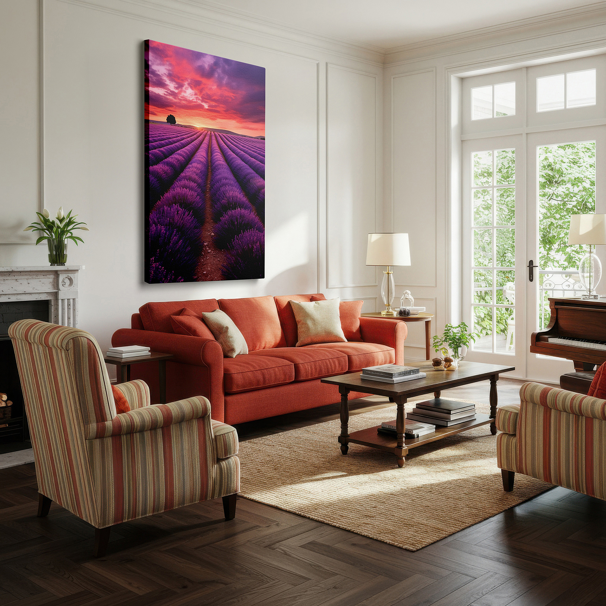 Hung in a cozy reading nook beside a floor lamp and bookshelf — twilight lavender fields - serene and vibrant nature scene large wall art, canvas wall art, wall decor for office, bedroom, and living room